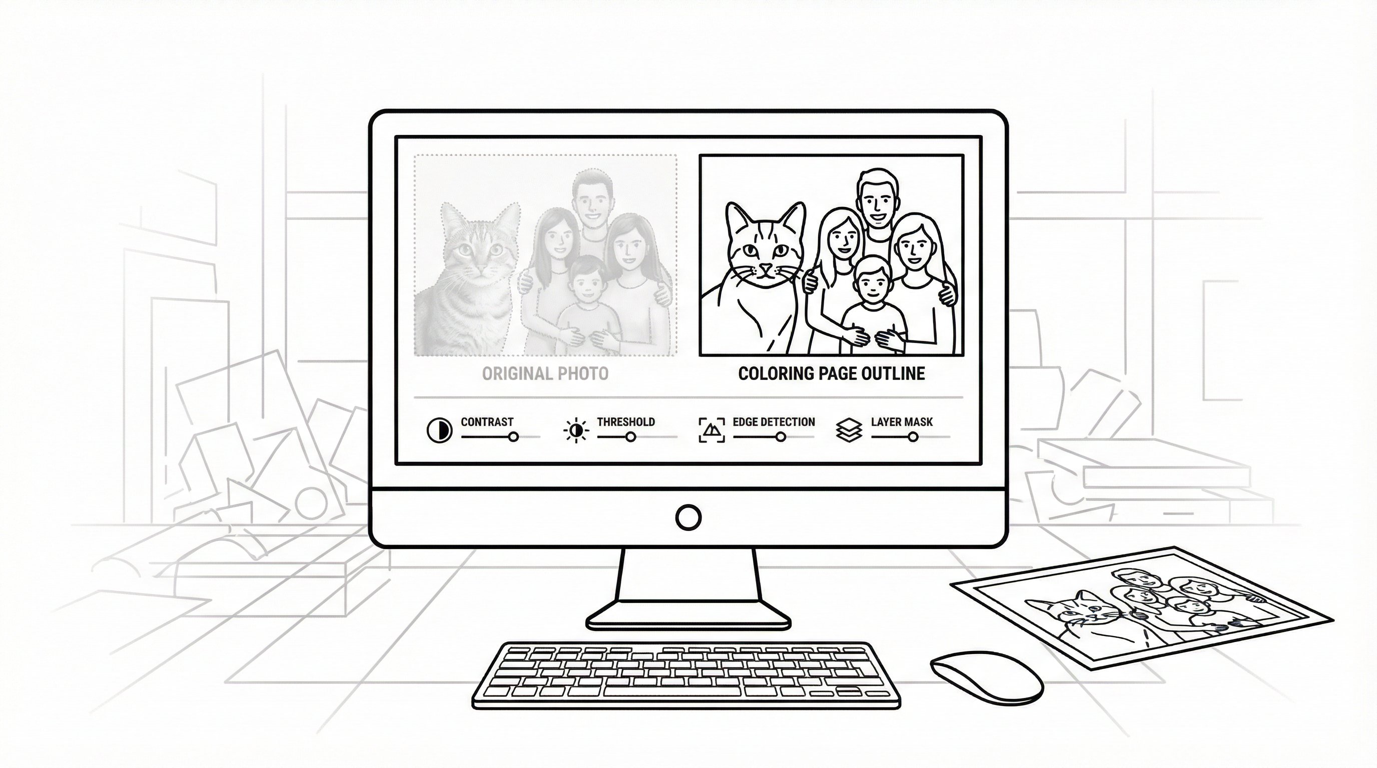 photo edited on a computer into a simple printable coloring page