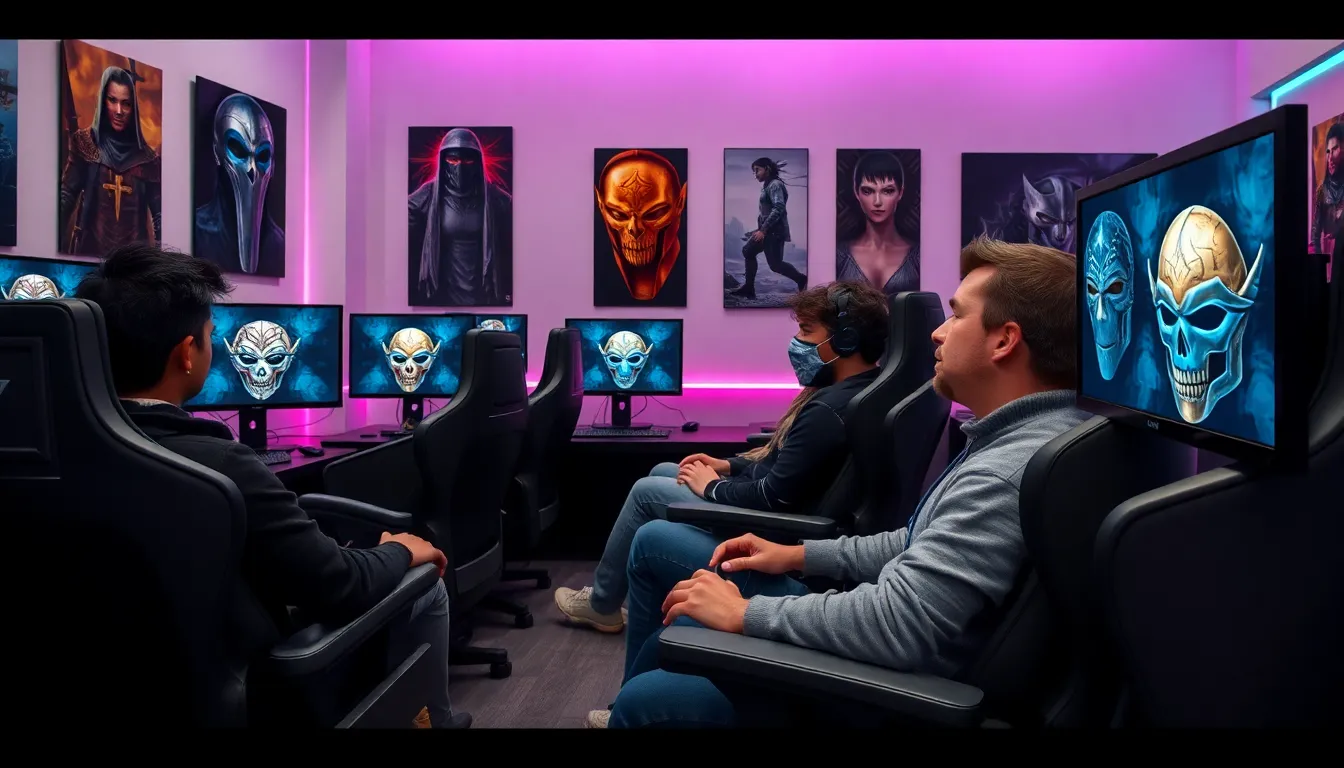 diverse gamers customizing avatars with face masks in Skyrim.