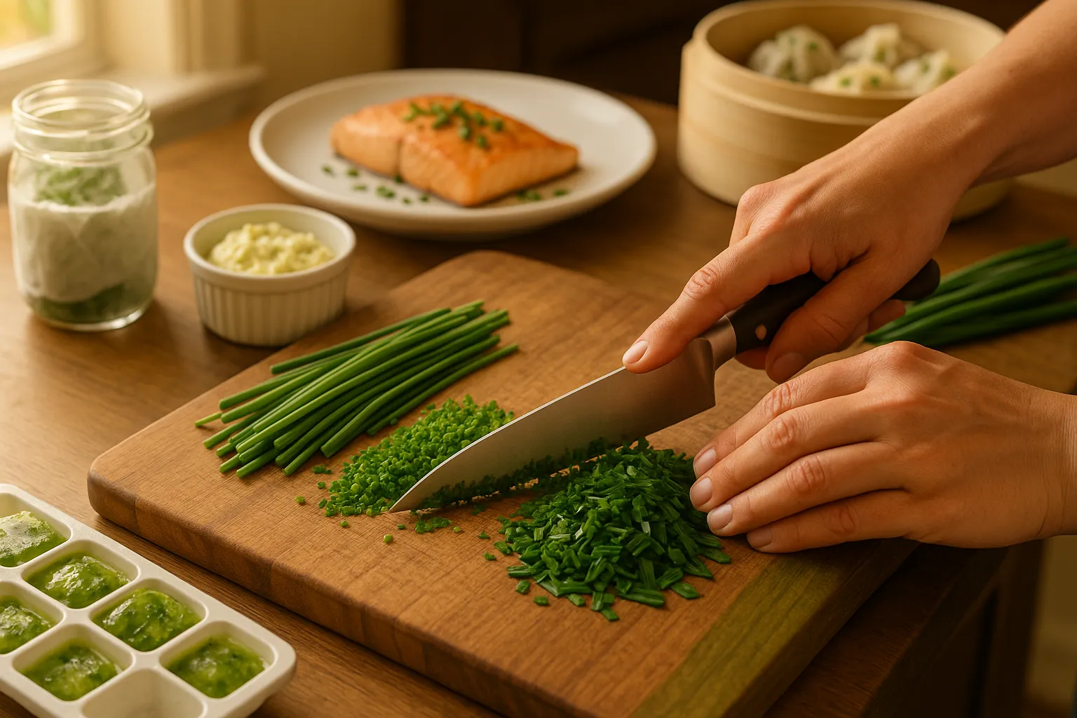 Hands slicing tubular chives and flat garlic chives on a wooden board