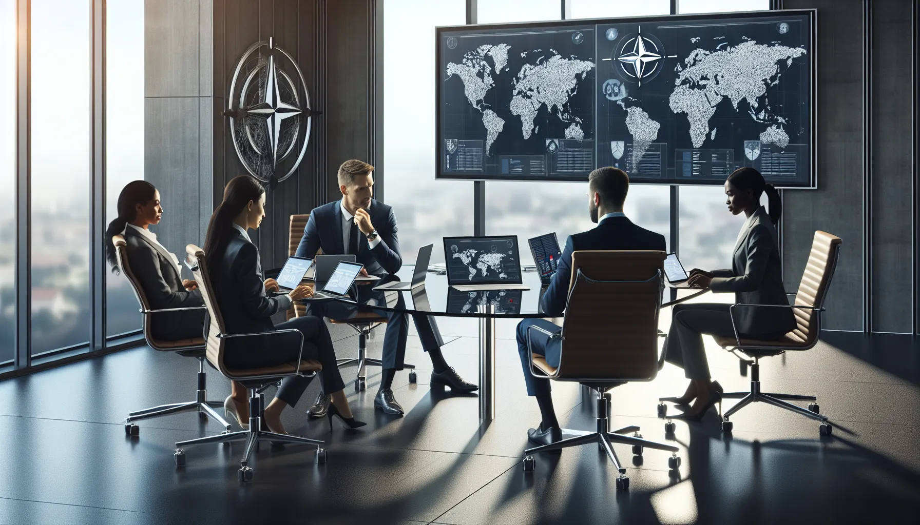 diverse team strategizing in a modern conference room about NATO.