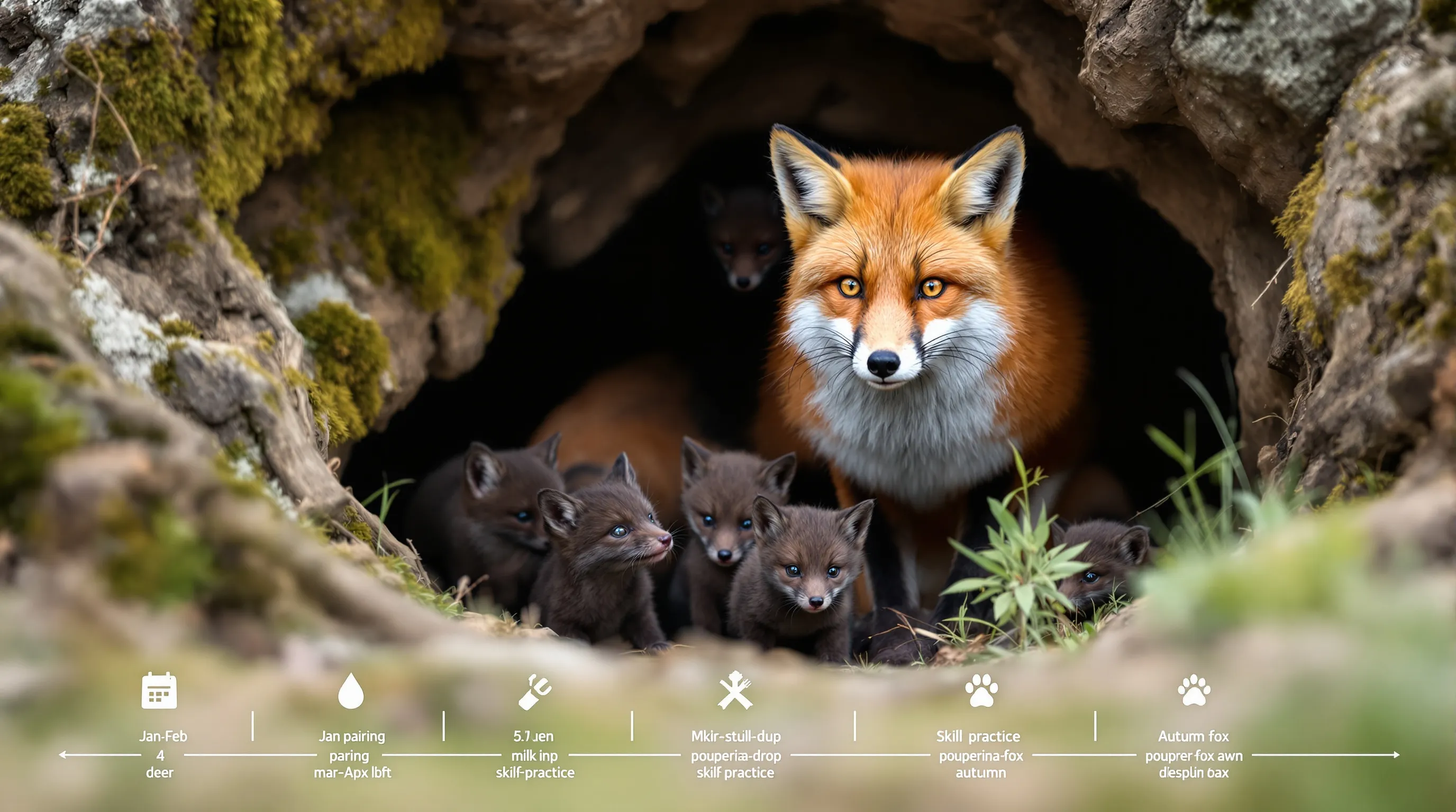 Red fox family at den; male brings prey while cubs explore in spring.