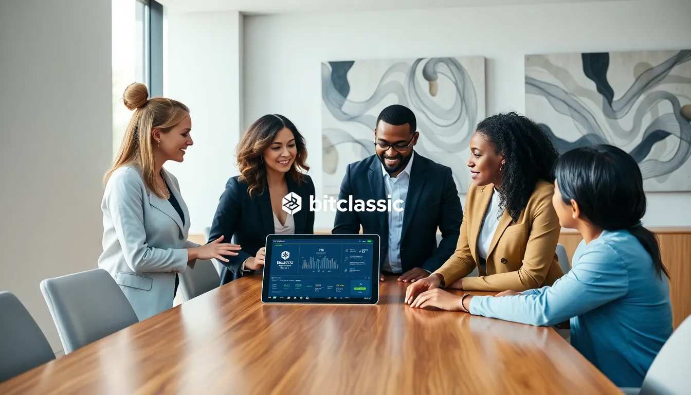 diverse team discussing Bitclassic in a modern office setting.