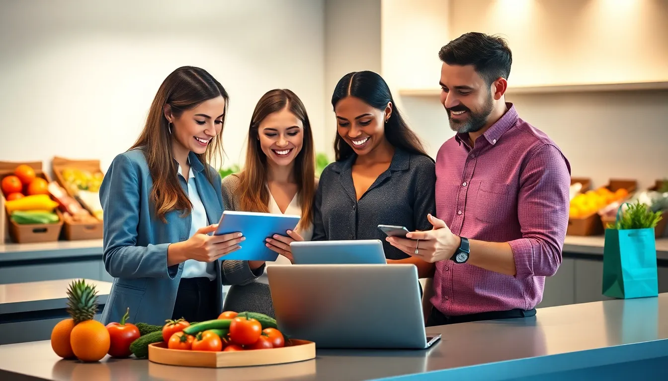 professionals collaborating on a digital smart shopping list in a modern kitchen.
