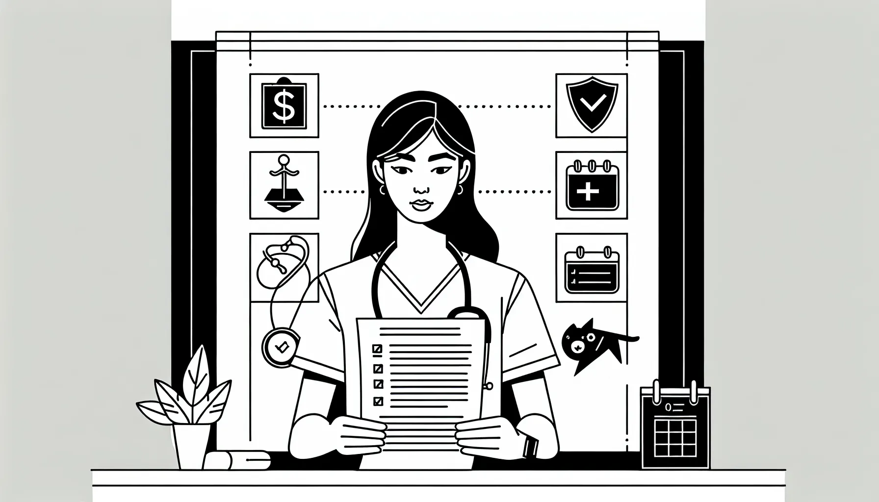 Veterinary associate reviewing a contract with Ohio-focused checklist icons of Ohio Veterinary Contract Review.