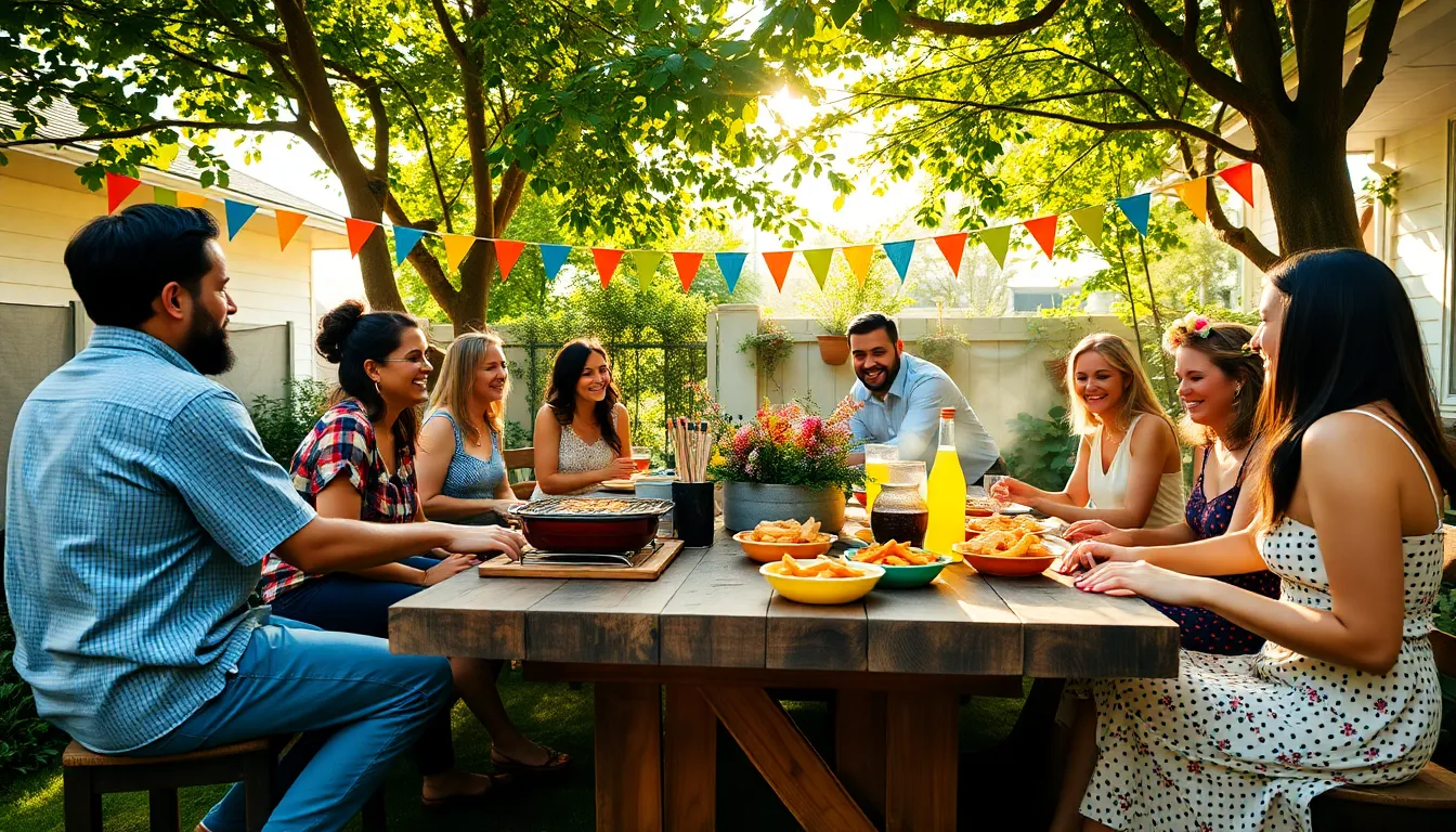 diverse group enjoying a backyard barbecue for a thrifty event.