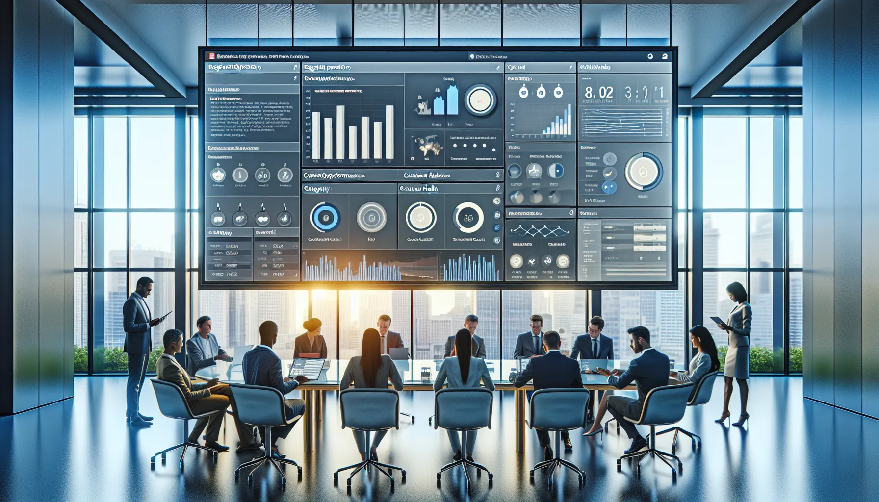 Diverse analysts managing Tableau personalized and shared dashboard subscriptions in a modern office.