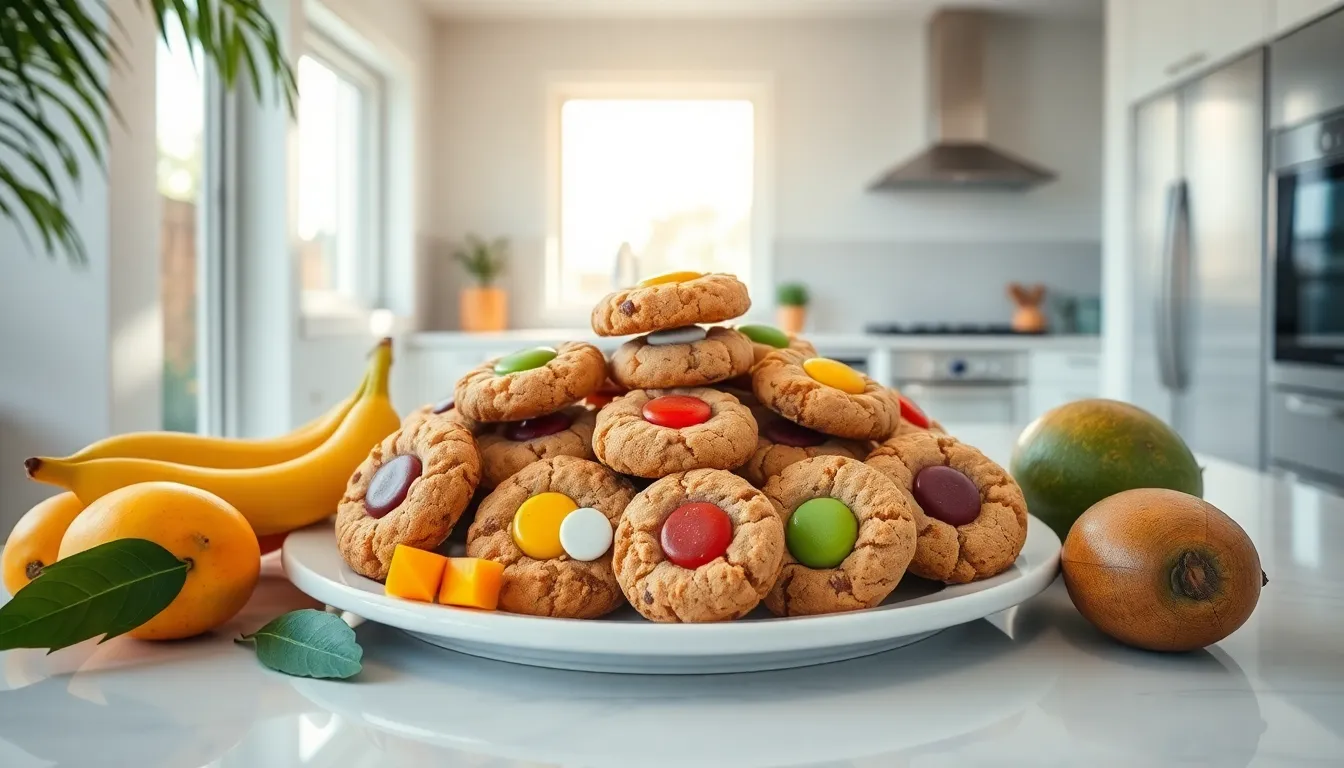 Tropical treats cookies displayed with fresh fruits in a bright kitchen.