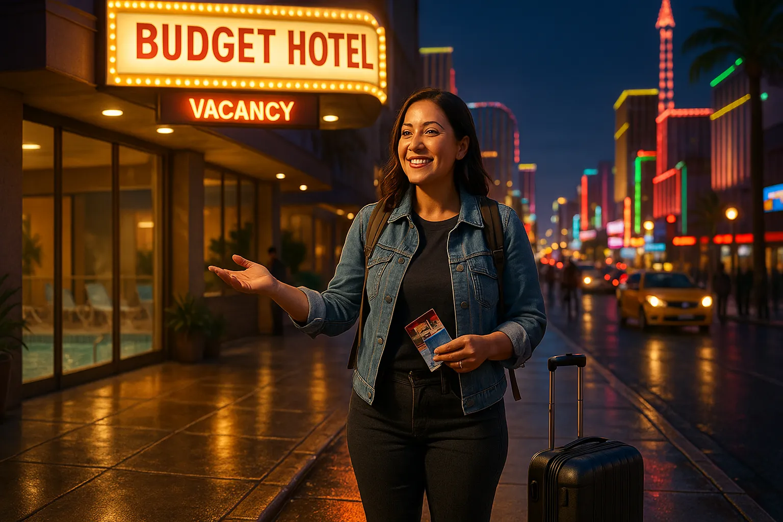 Solo traveler outside a budget Las Vegas hotel with neon Strip in background.