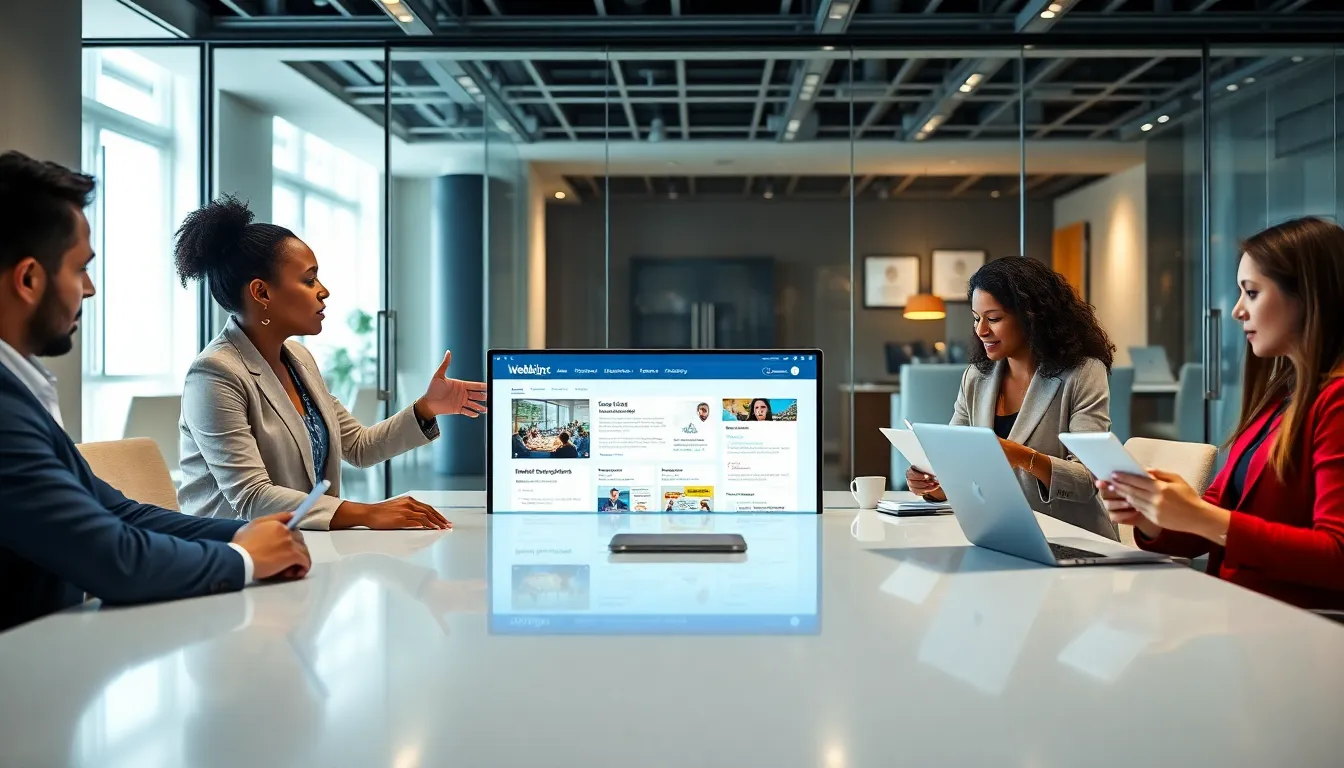 diverse team collaborating in a modern office setting around Webbizmagnet presentation.