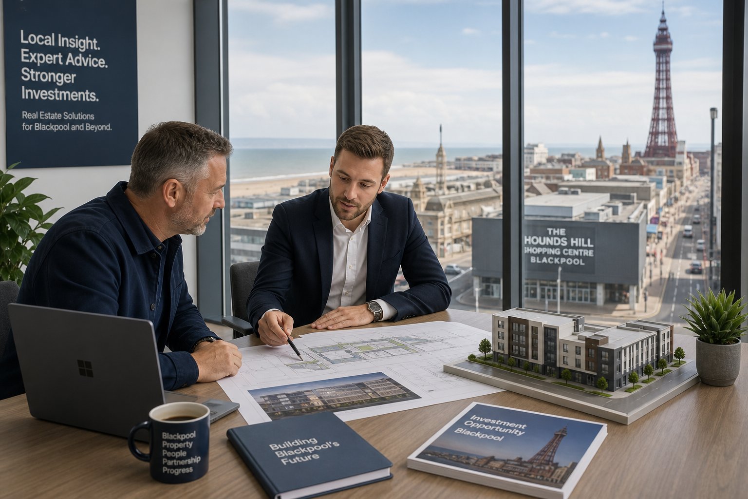 Commercial Mortgage Brokers Blackpool for Purchase and Refinance 3 Business owner and advisor reviewing commercial property plans in a modern office with a view of Blackpool's coastal business area.