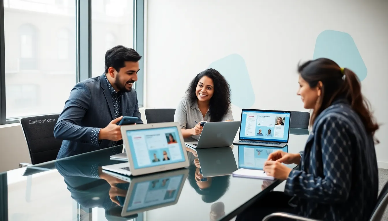 diverse professionals collaborating using Callscroll.com in a modern office.