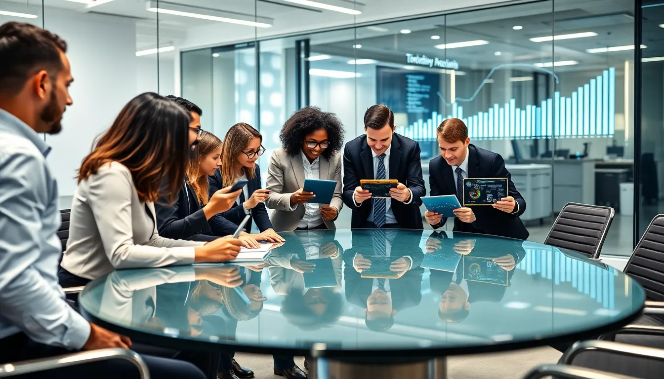 team collaborating on data analysis in a modern office.