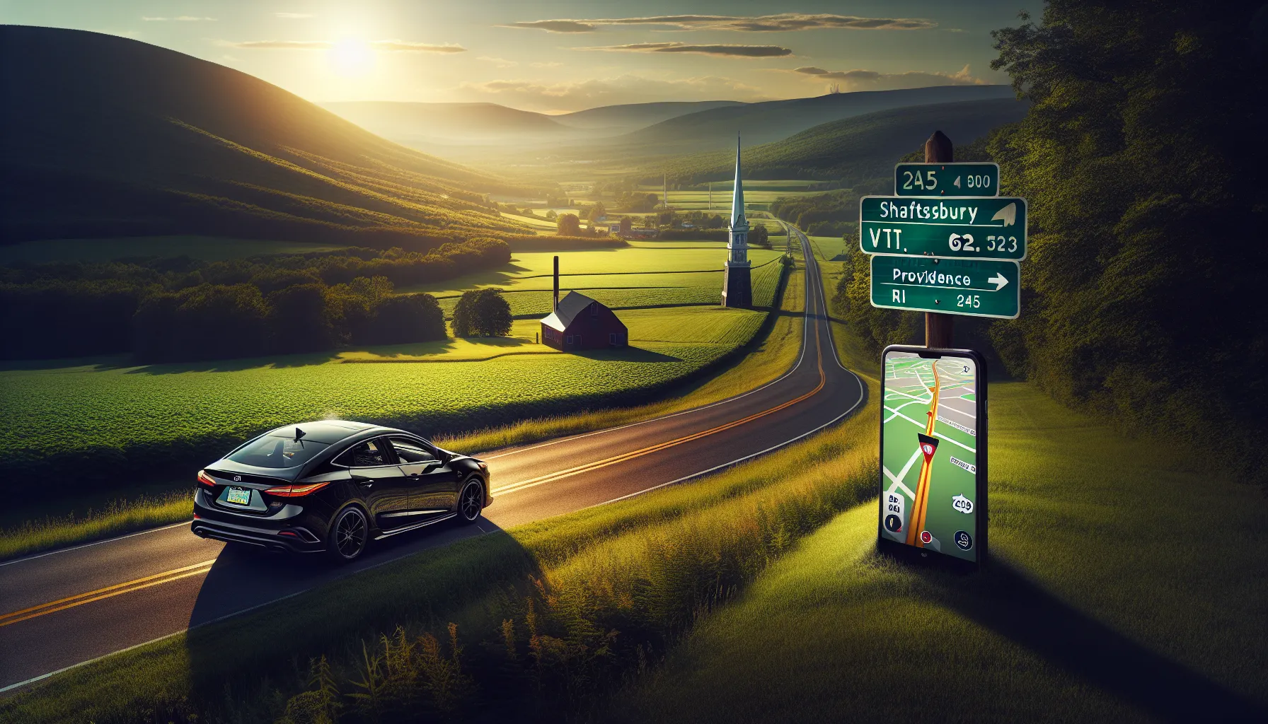 Road sign for Shaftsbury and Providence with scenic Vermont landscape.