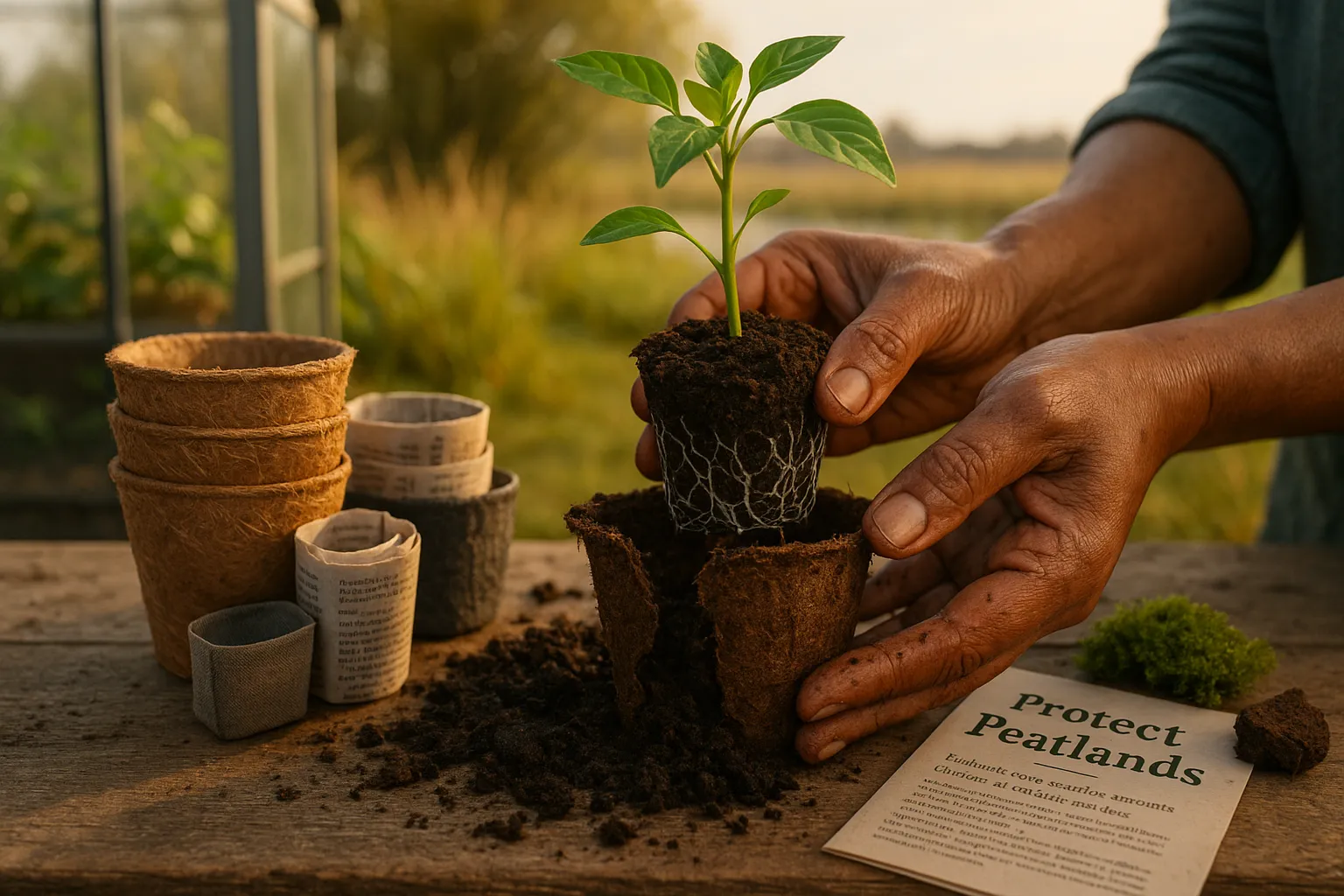 Hands replacing a crumbling peat pot with a coconut coir seedling pot.