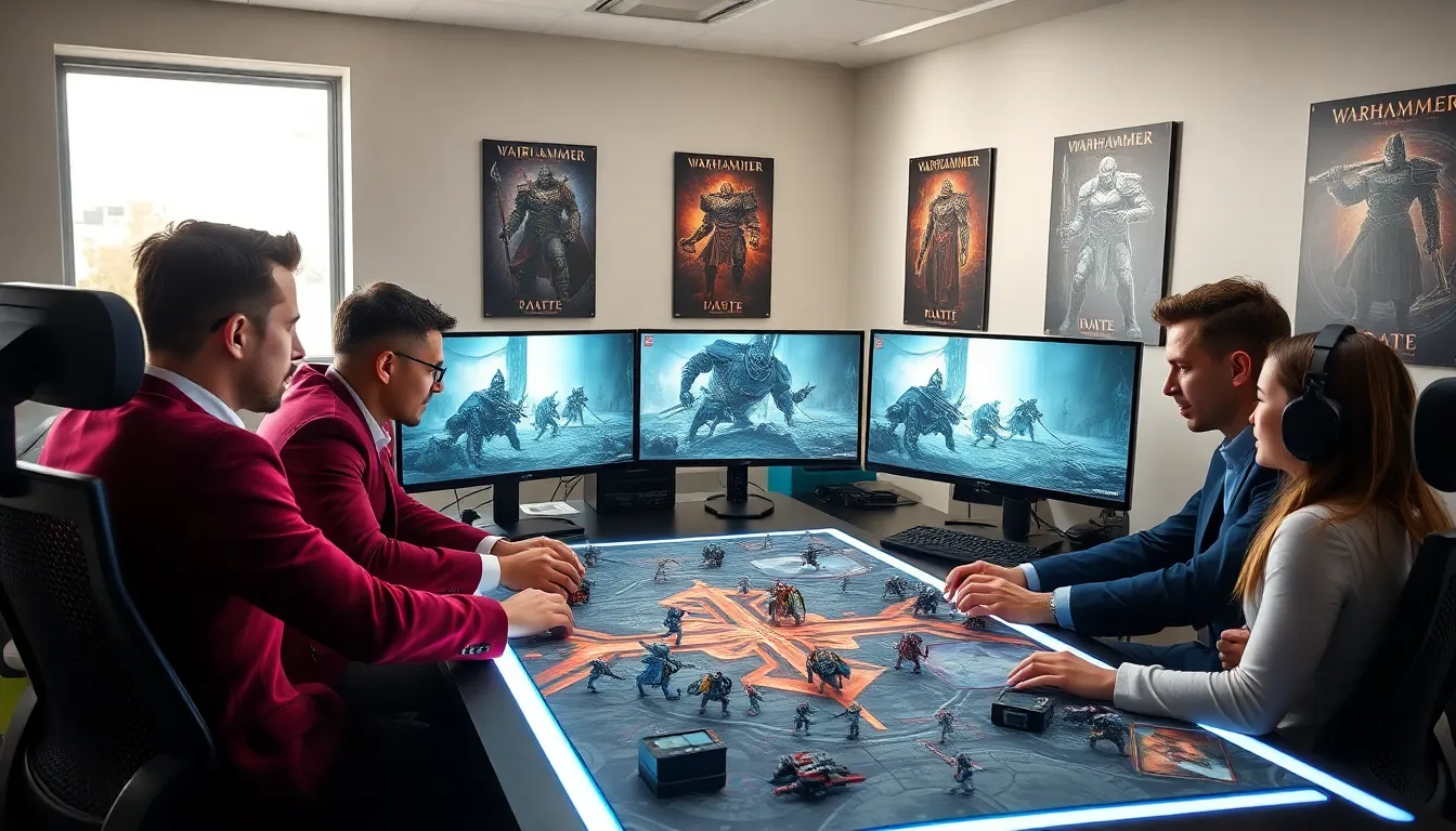 diverse gamers strategizing in a modern workspace for Warhammer game.
