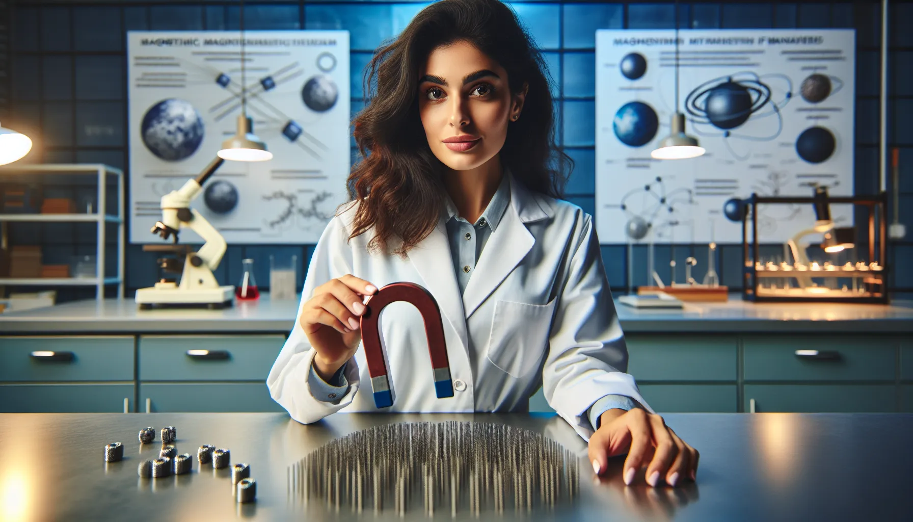 A scientist demonstrates magnetism with a horseshoe magnet and metallic filings.