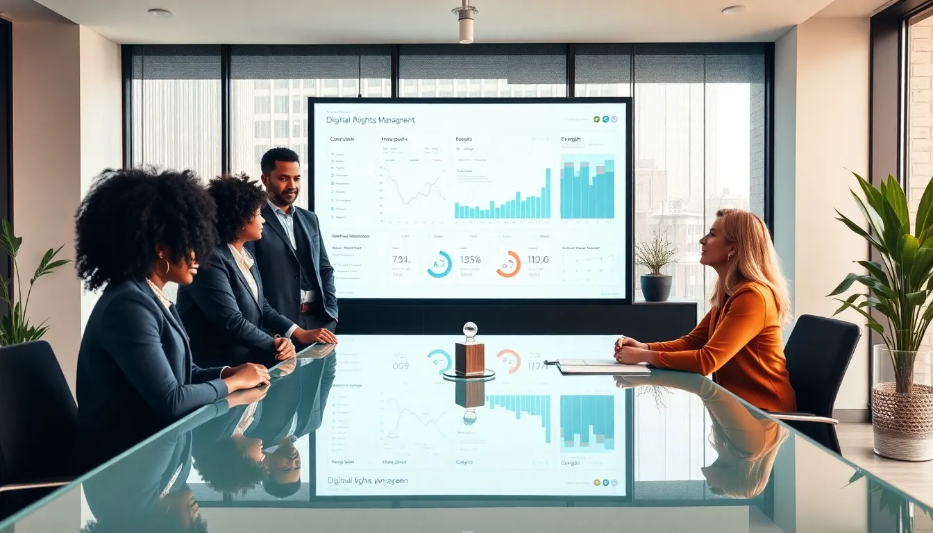 diverse team discussing digital rights management in a modern office.