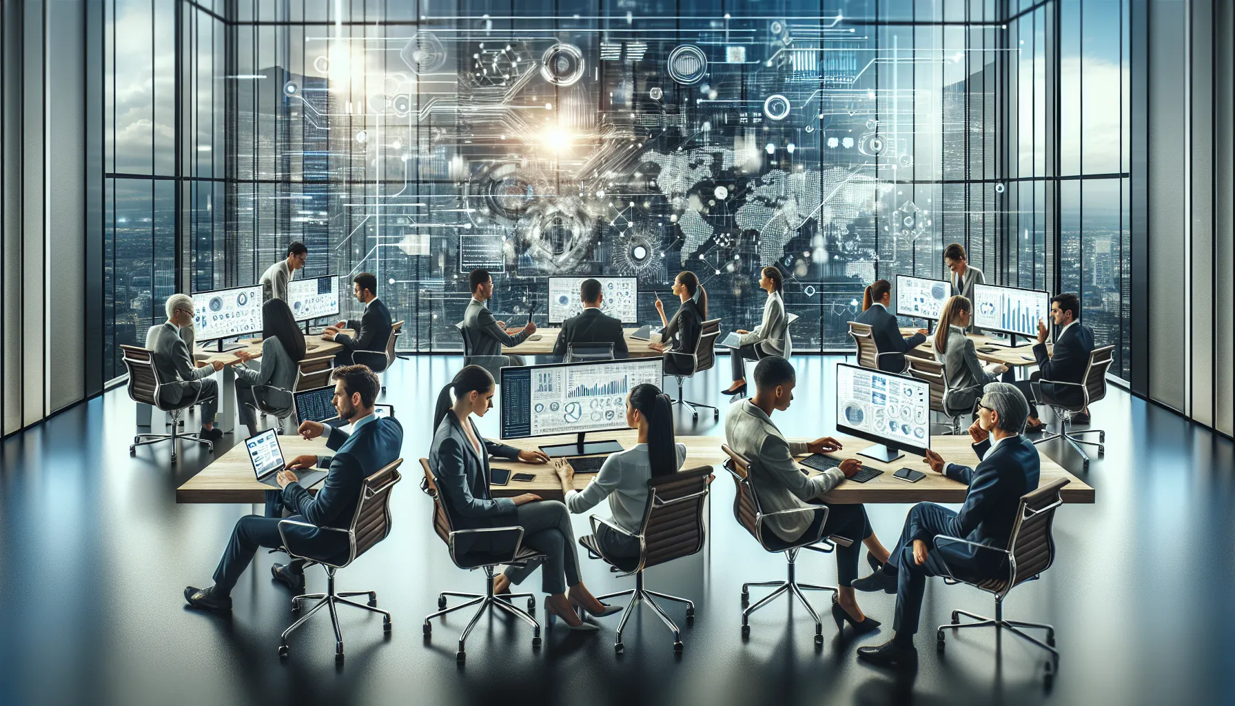 diverse team collaborating on data management technology in a modern office.