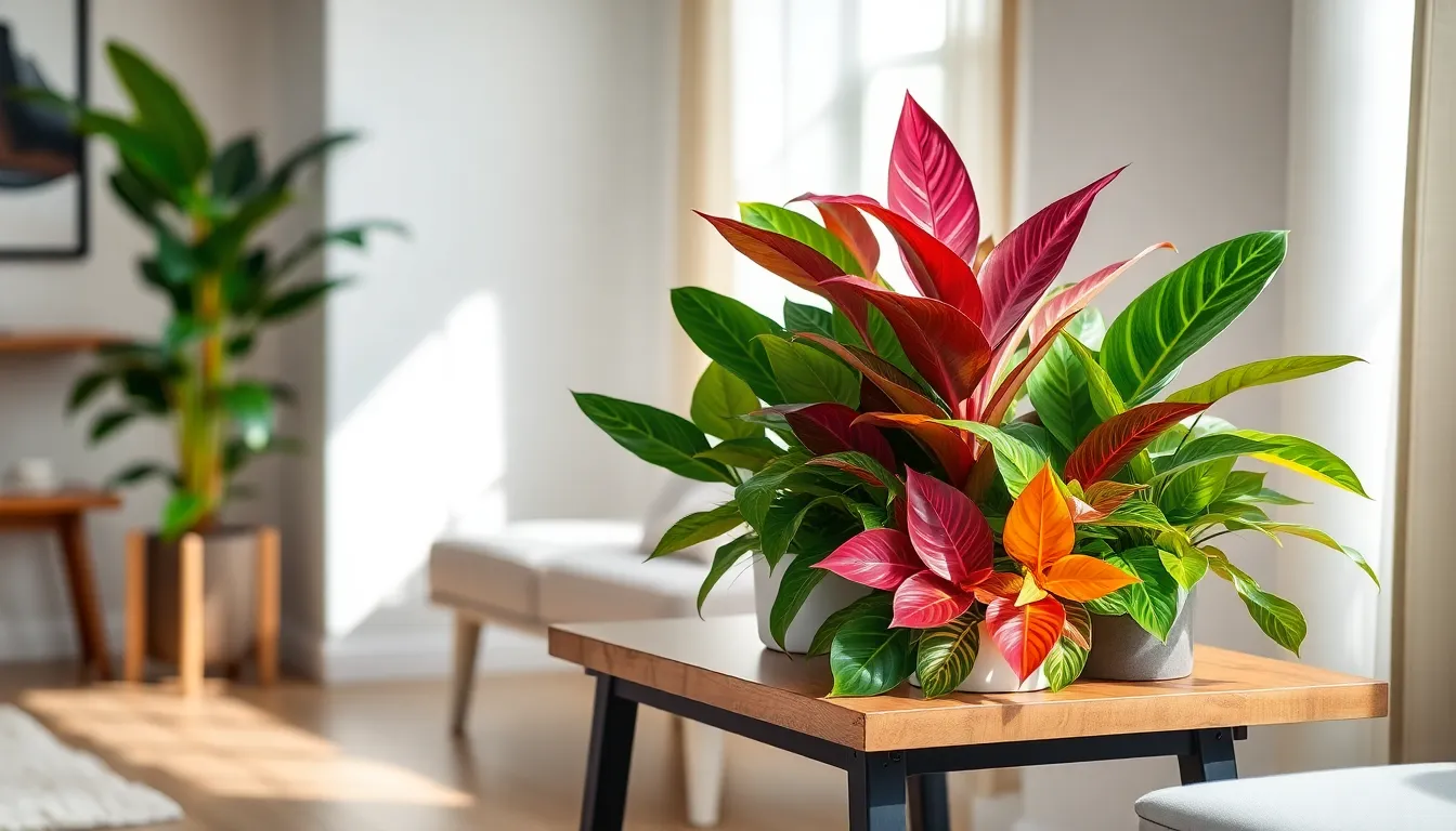 a collection of vibrant Aglaonema plants in a modern indoor setting.