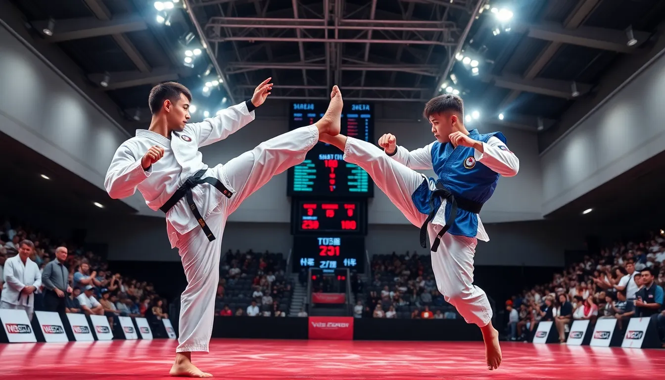 two taekwondo athletes competing in a modern arena.