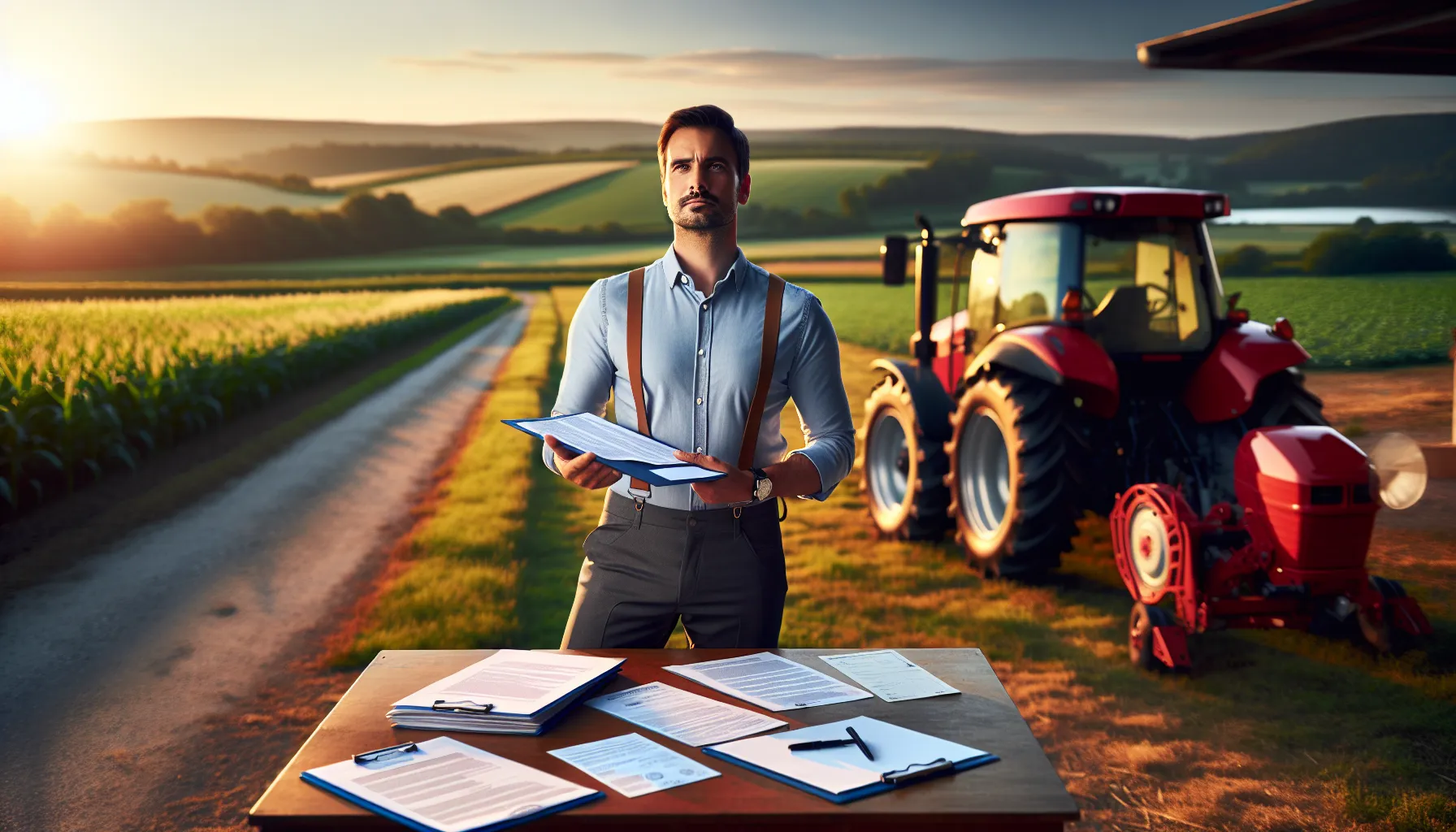 Croatian farmer with tractor and registration documents in rural setting