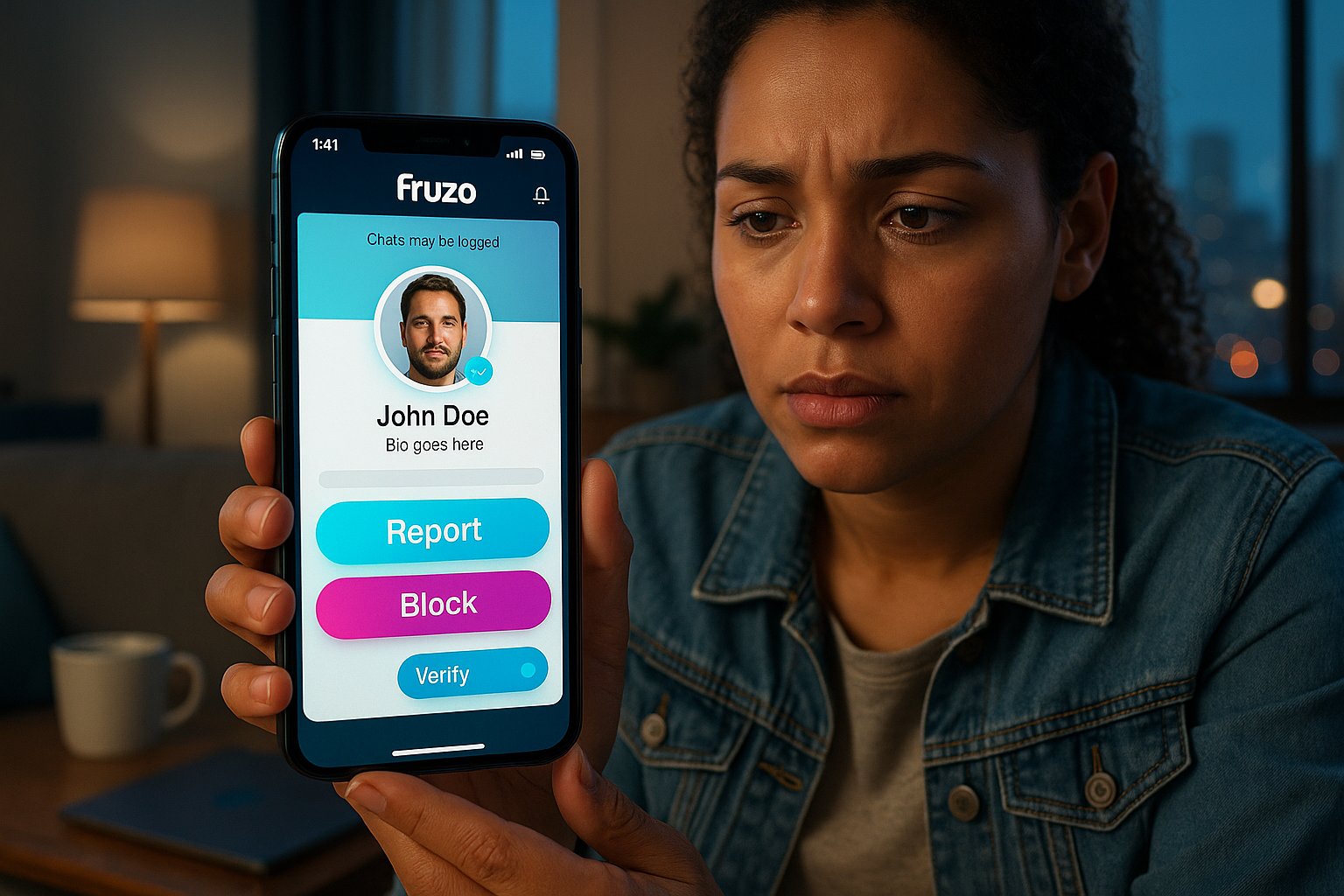 Person holding phone showing Fruzo report, block, and verification UI