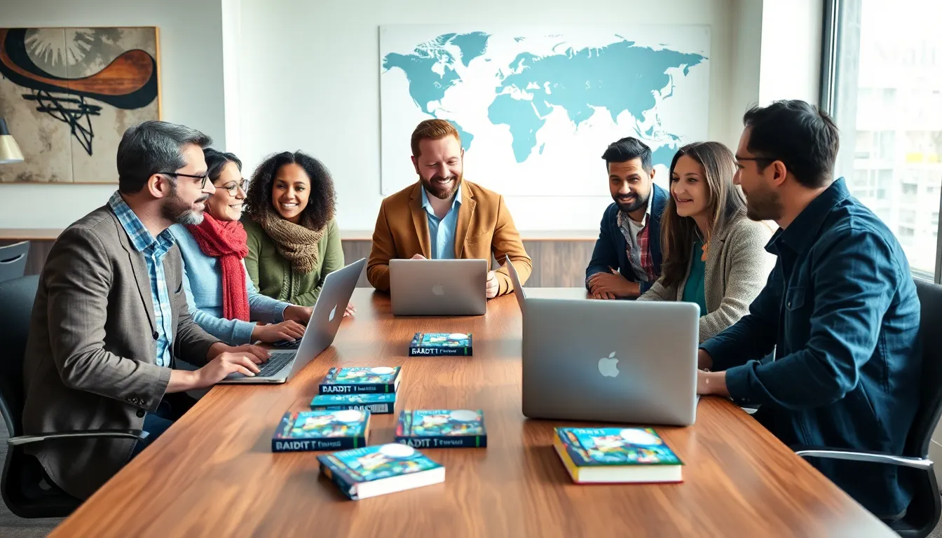 diverse group planning travel in a modern office with guides.