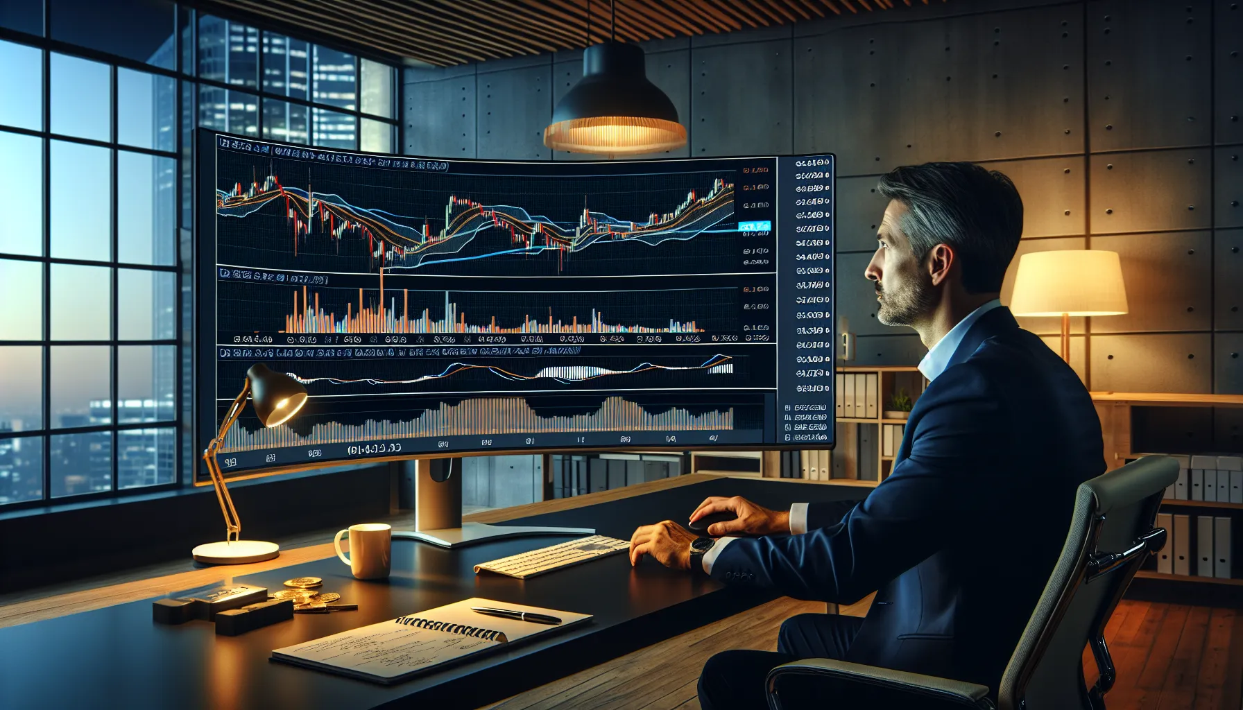 Professional trader analyzing Bitcoin price charts on multiple monitors in modern office.