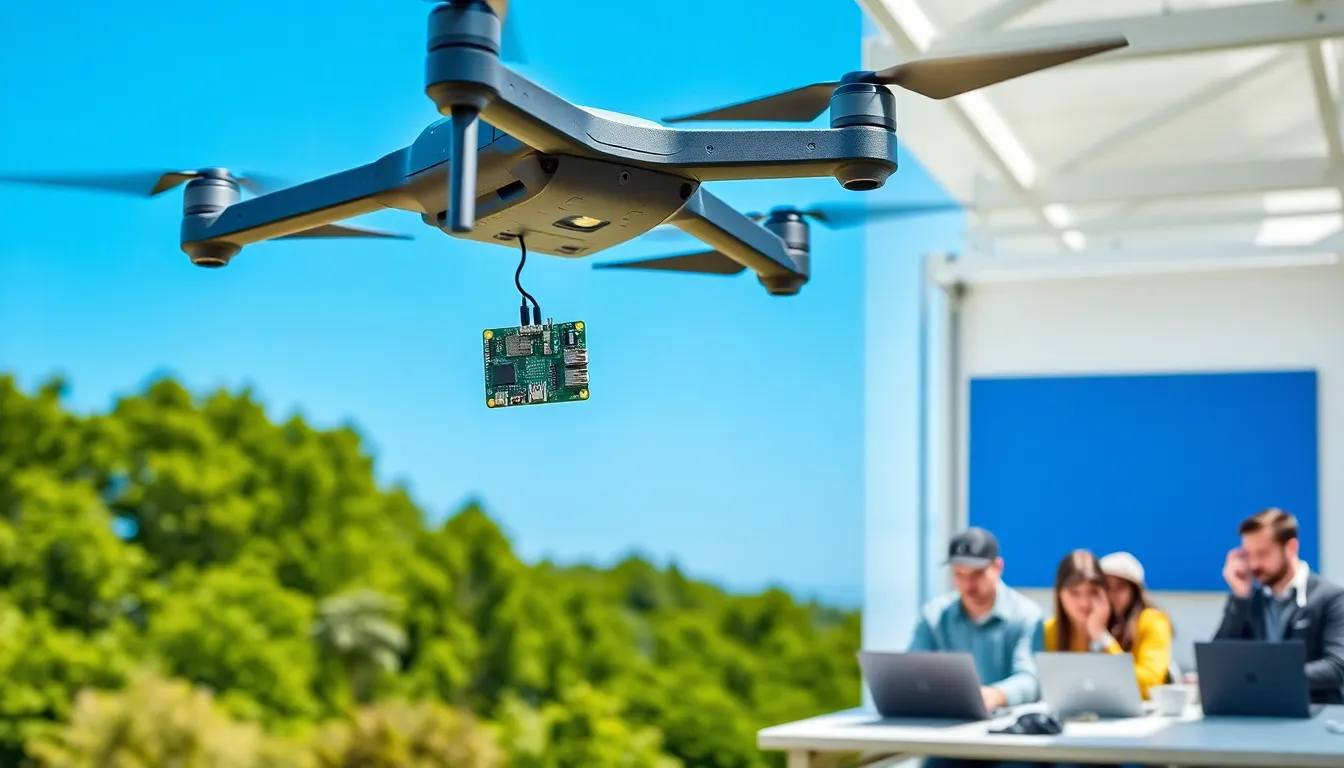 drone featuring a Raspberry Pi Zero flying in a tech workshop.