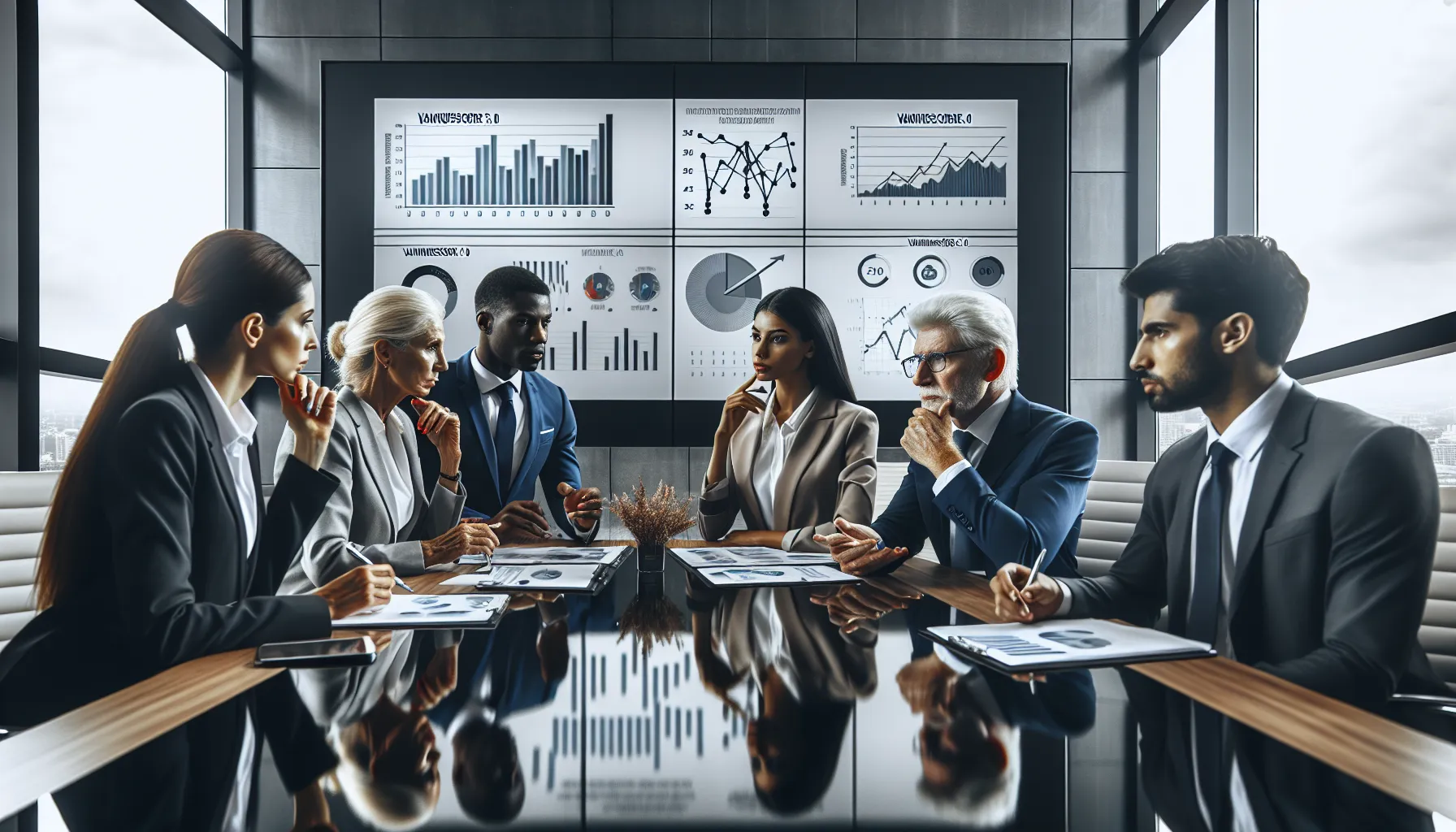 Group discussing credit score models VantageScore 3.0 and 4.0 in an office.