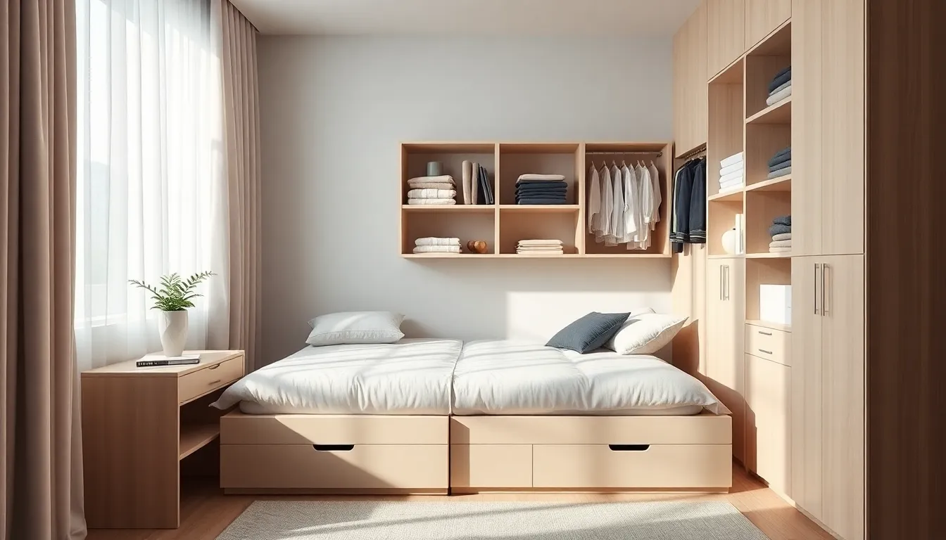 modern small bedroom with innovative storage solutions.