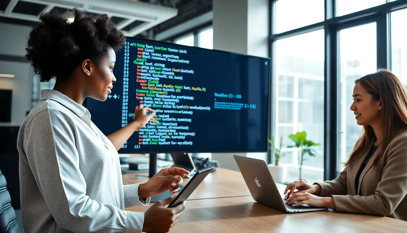 professionals discussing C++ programming in a modern workspace.