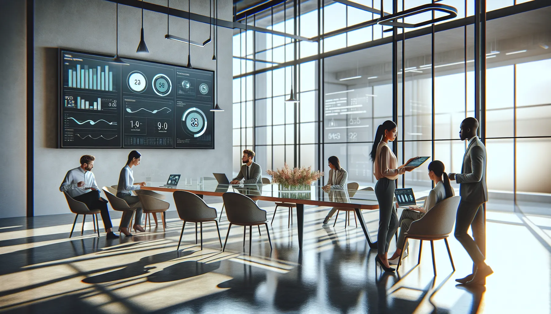 diverse team discussing data analytics in a modern office.