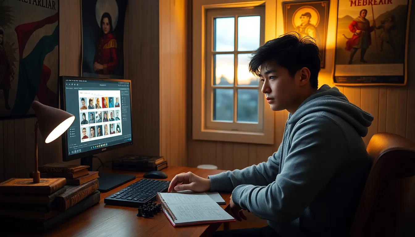 a young man customizing characters on a computer in a medieval-themed room.