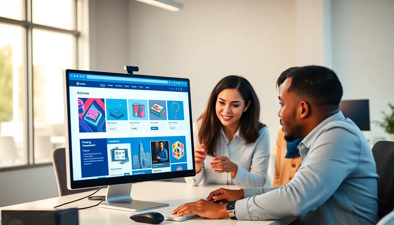 diverse professionals exploring the Tech Man Archives in a modern office.