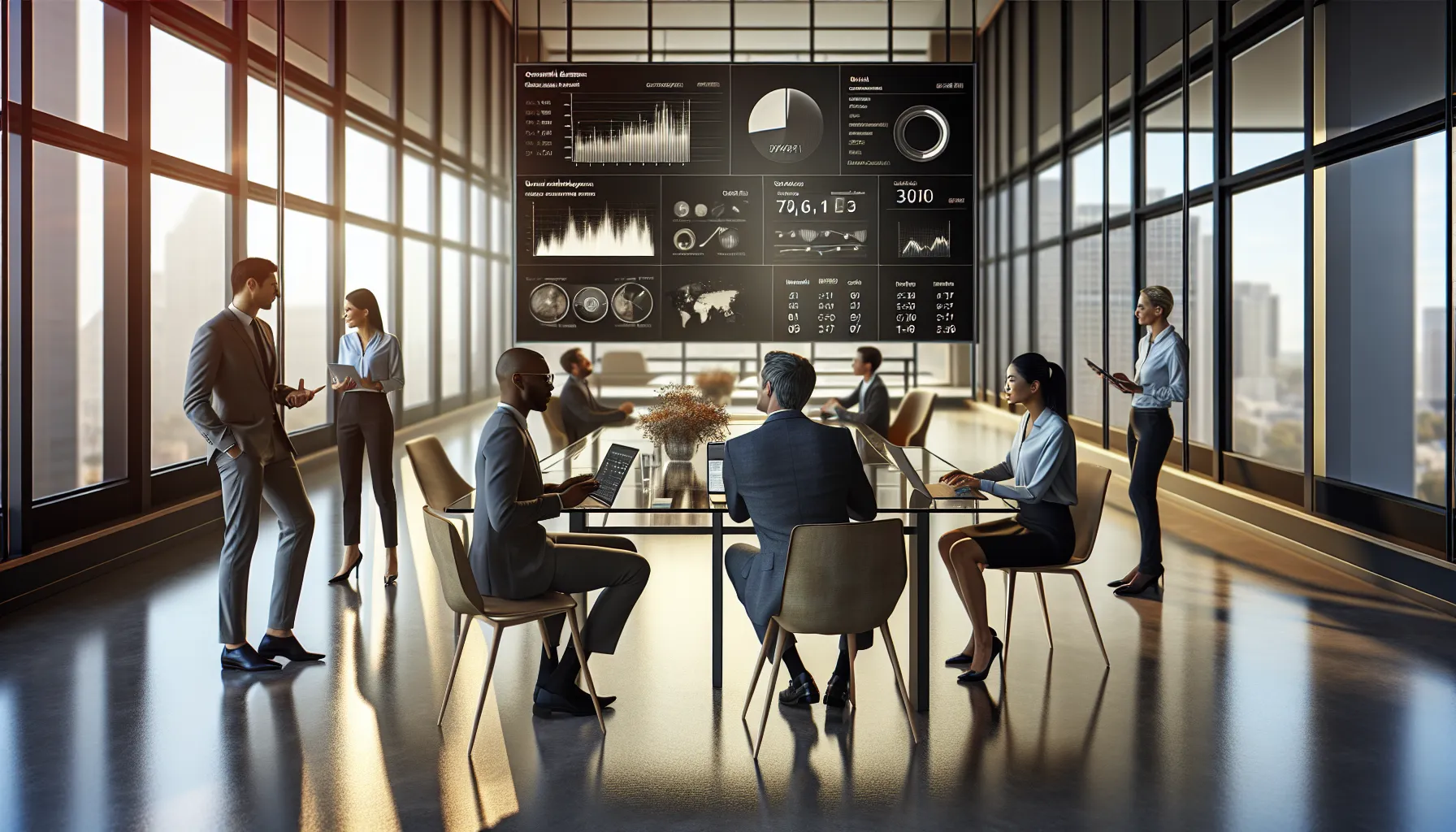 professionals discussing data analytics in a modern office.