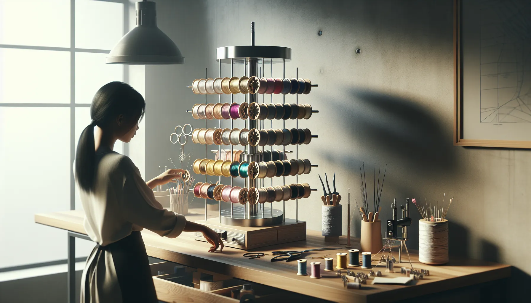 organized vertical spools in a bright and modern workspace.