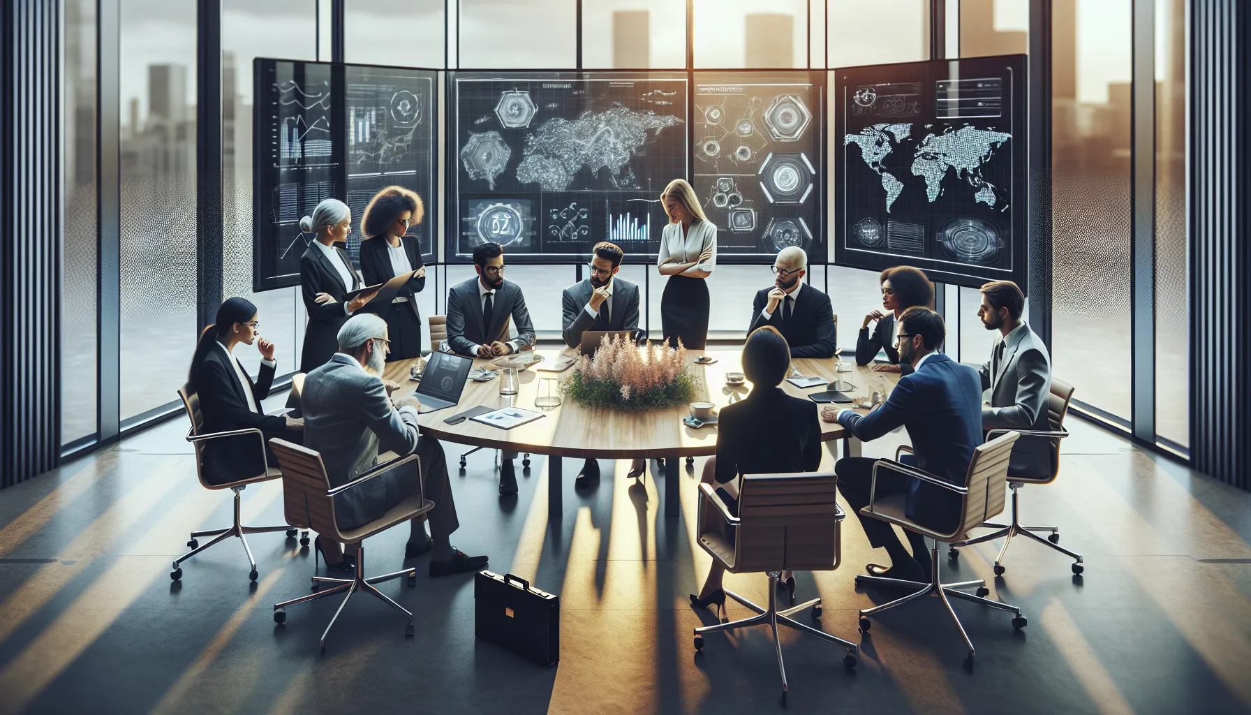 diverse scholars discussing pertostrums in a modern office.