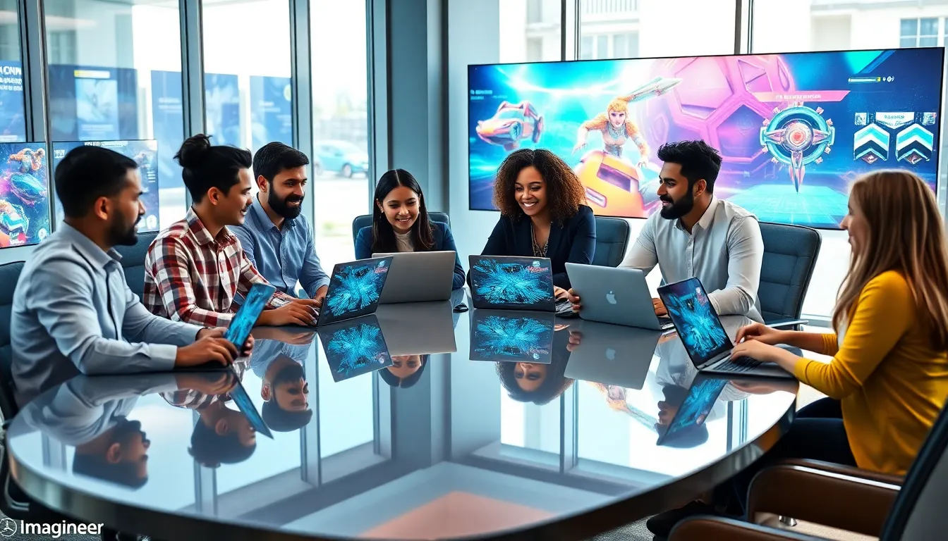 diverse team collaborating in a modern office on gaming concepts.