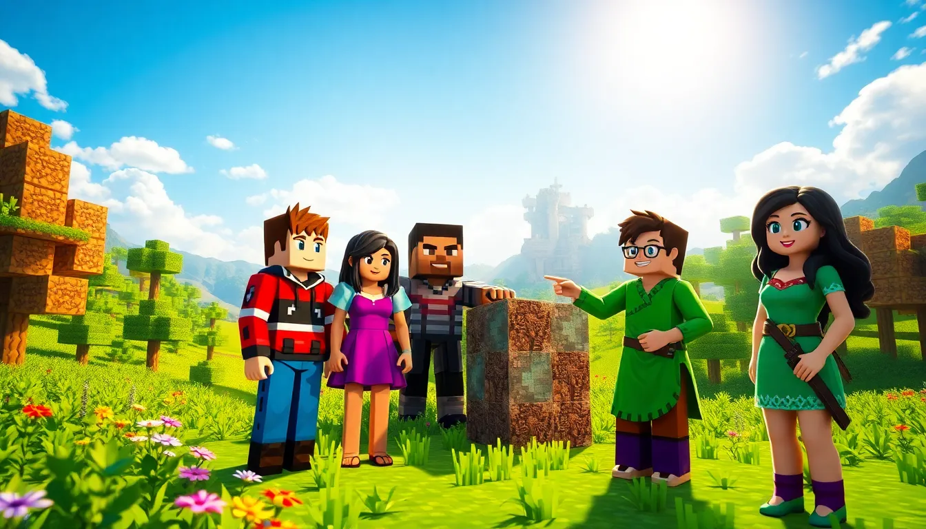 diverse Minecraft characters exploring a vibrant landscape with a new structure.