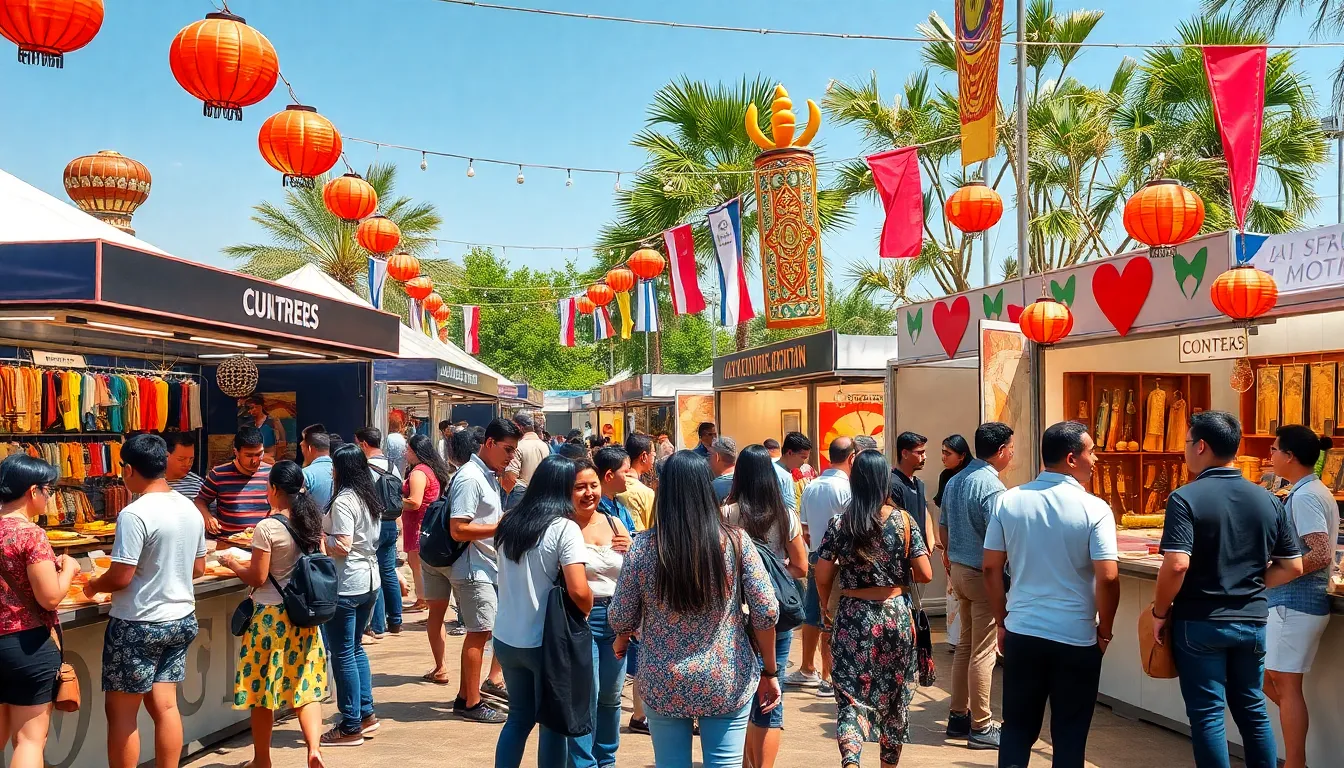 diverse groups celebrating cultural exchange at a vibrant outdoor festival.