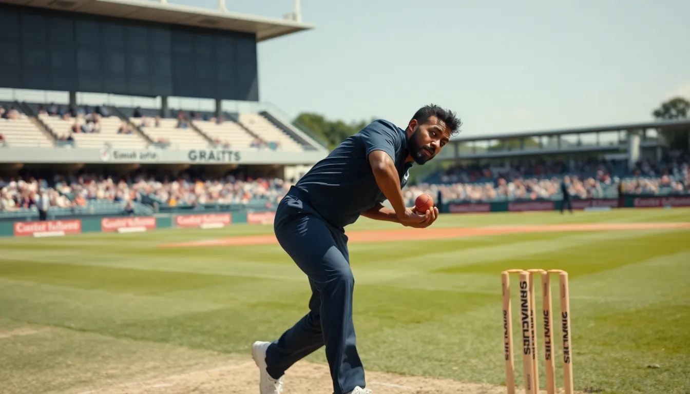 fast bowler delivering a ball in a modern cricket setting.