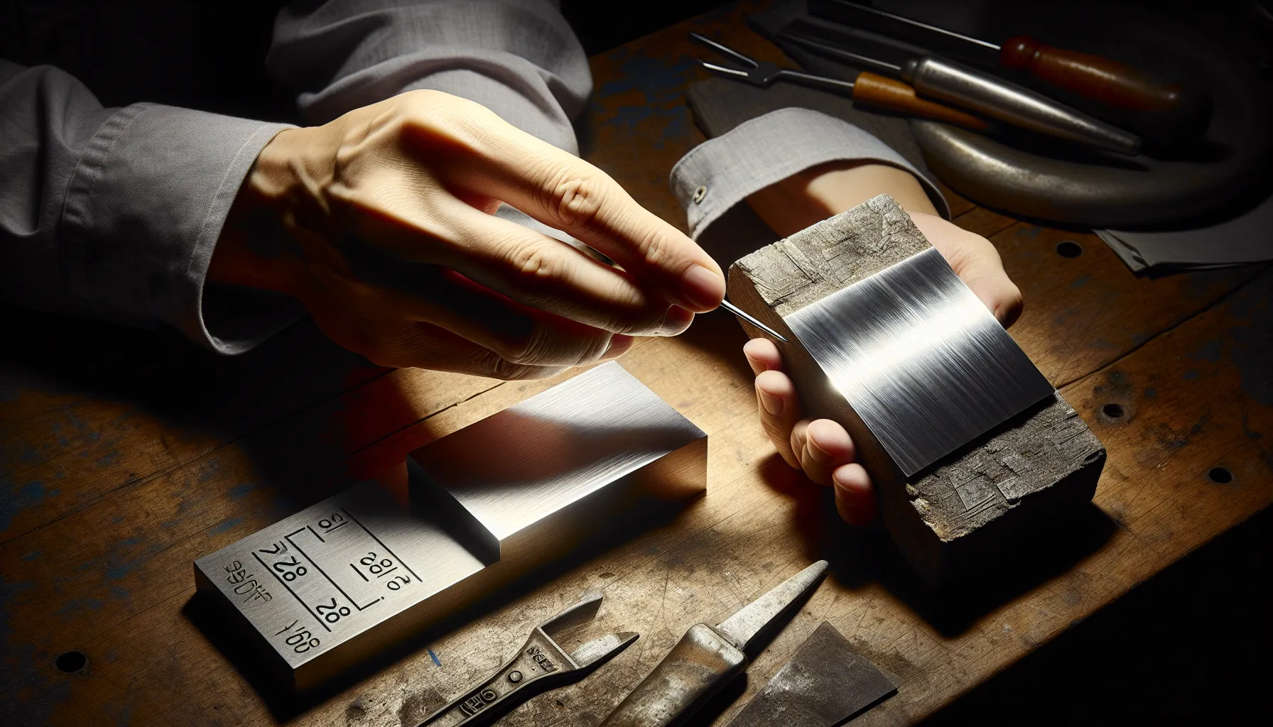 a person testing aluminum and stainless steel samples on a workbench.