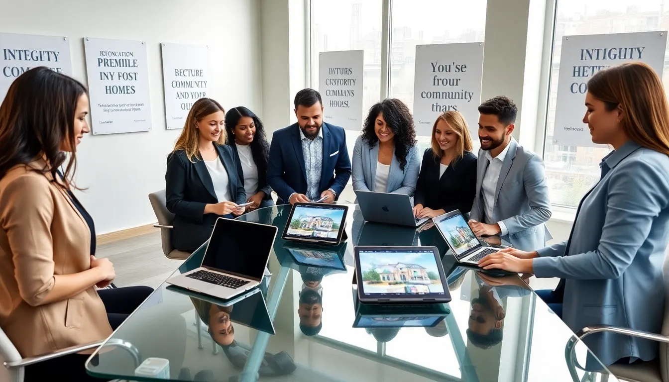 diverse real estate team collaborating in a modern office.
