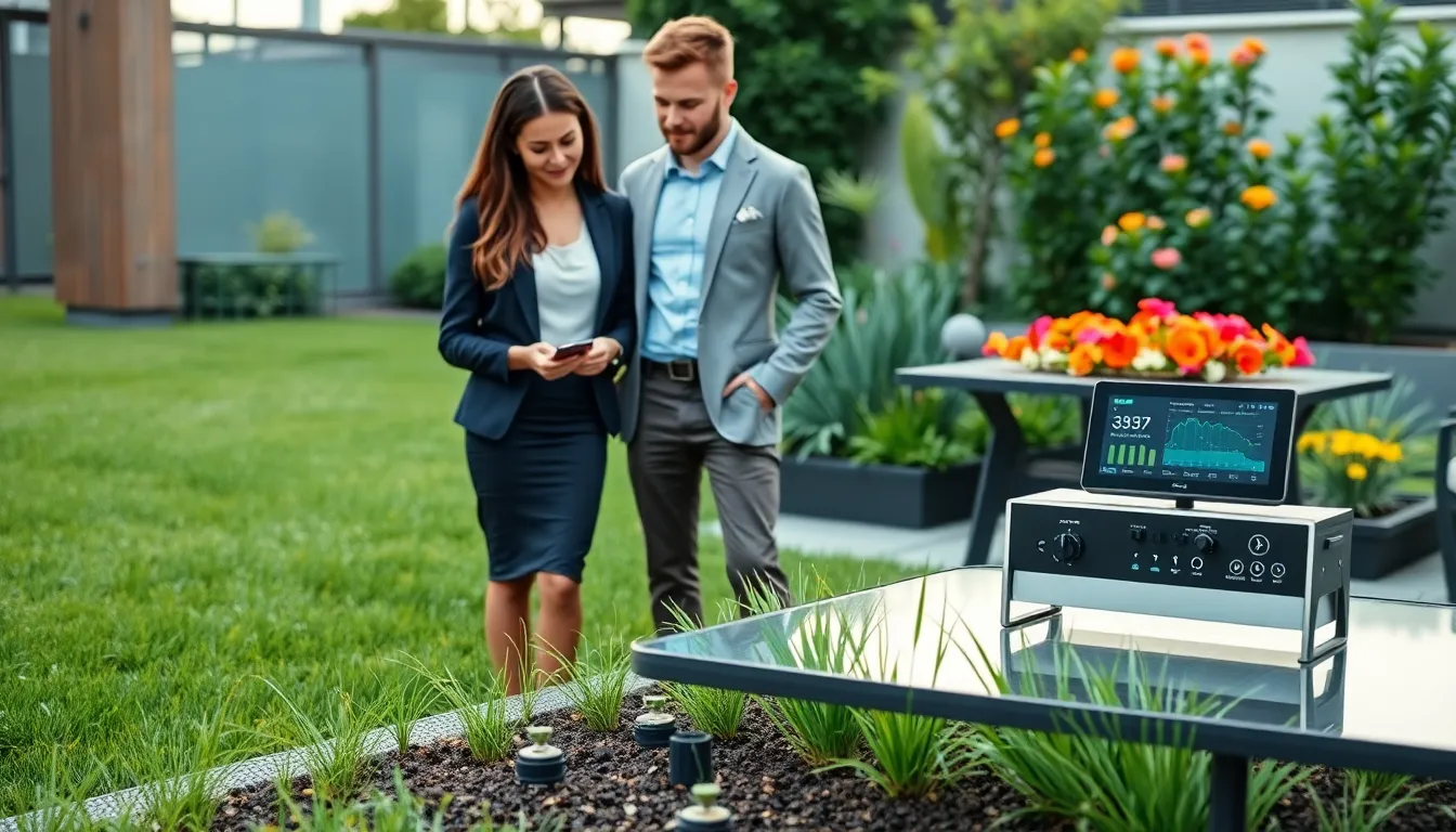 diverse team monitoring a smart irrigation system in a garden.