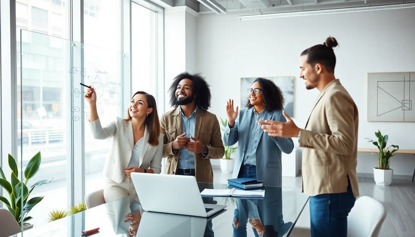 diverse team brainstorming in a modern conference room.