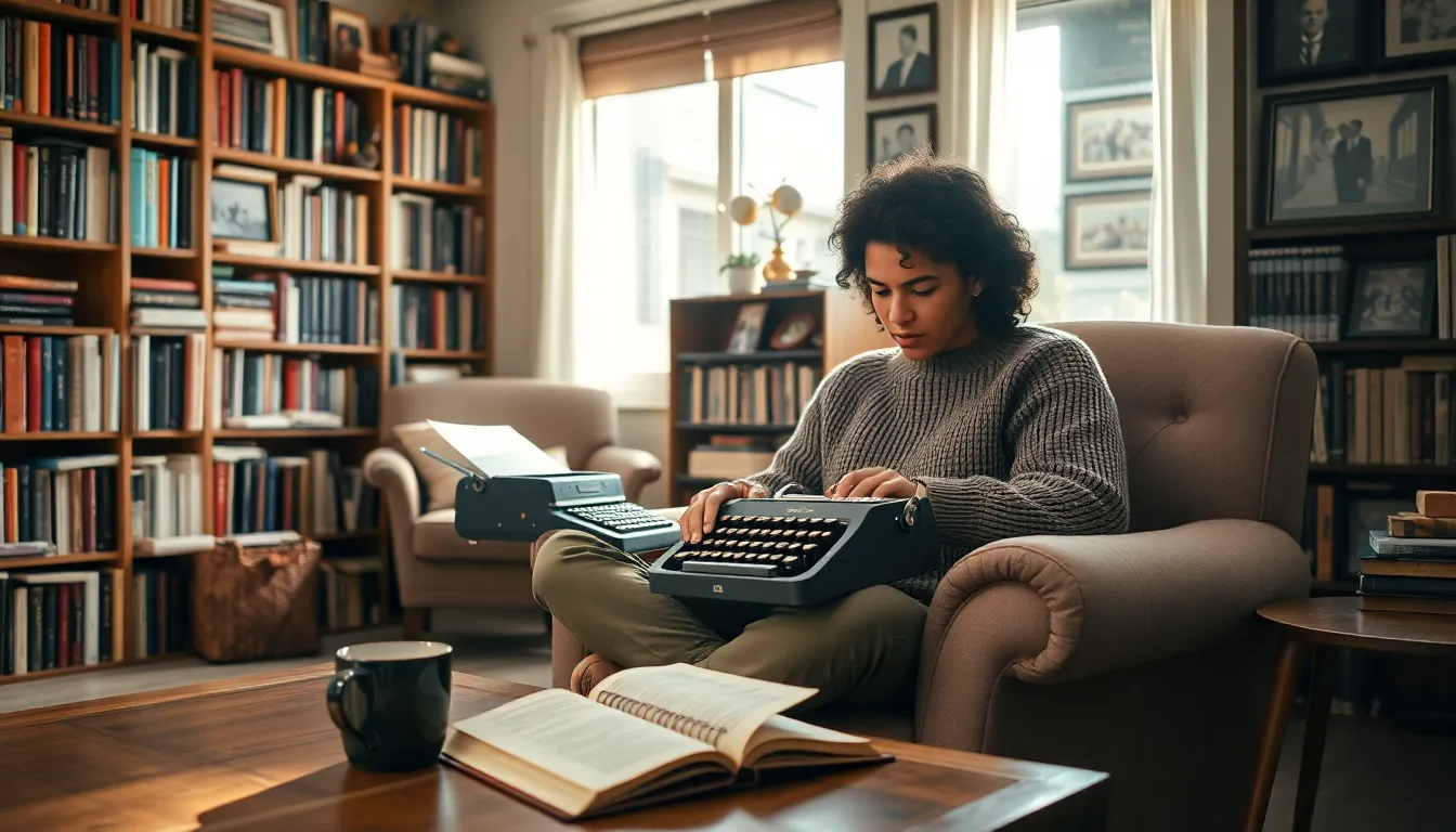 A young writer absorbed in writing in a cozy, book-filled room.