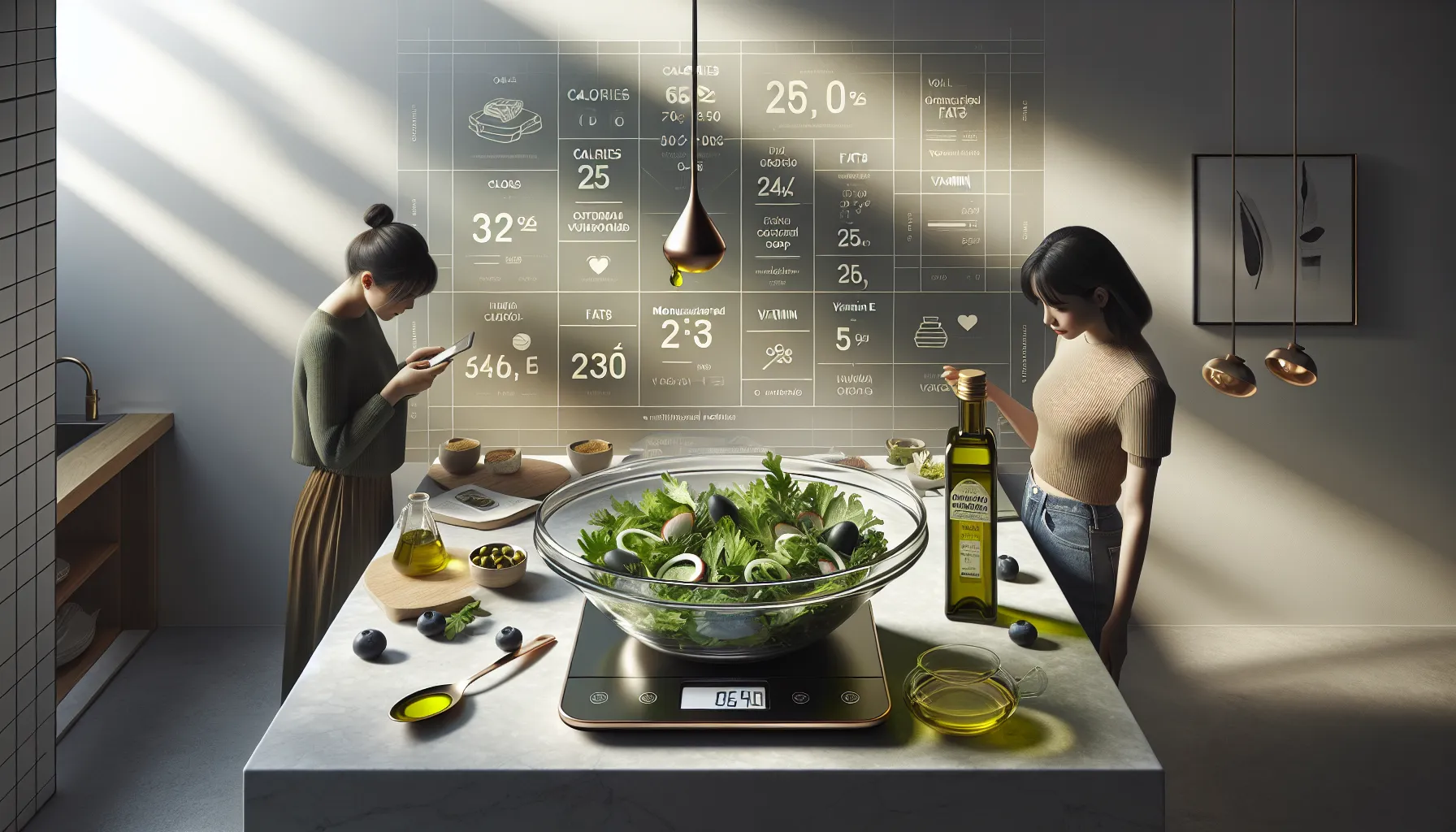 Young adults checking olive oil calories at a modern kitchen counter.