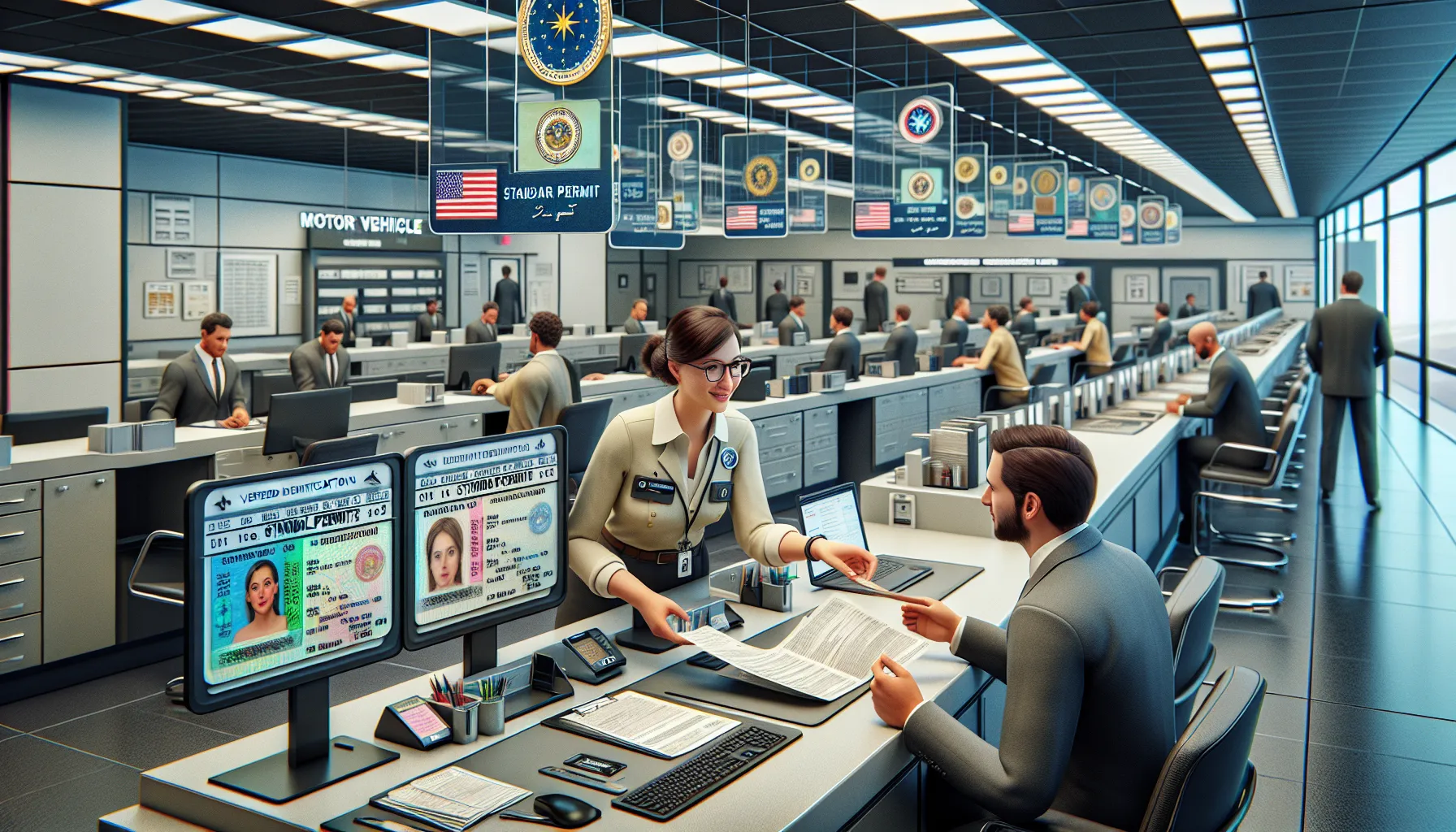 People at a DMV counter viewing different license types.