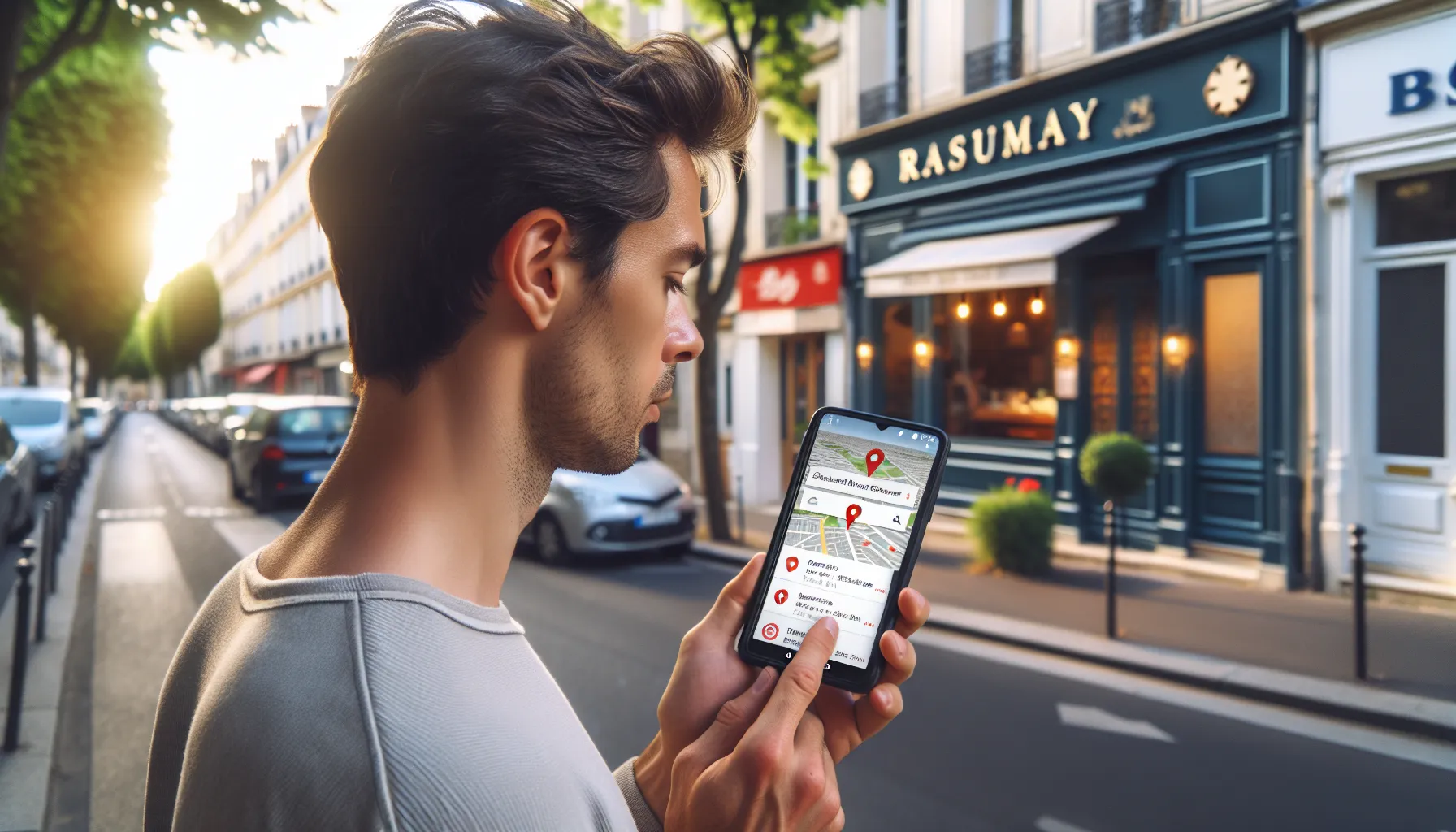 Man in Nogent-sur-Marne checking local business results on his smartphone.